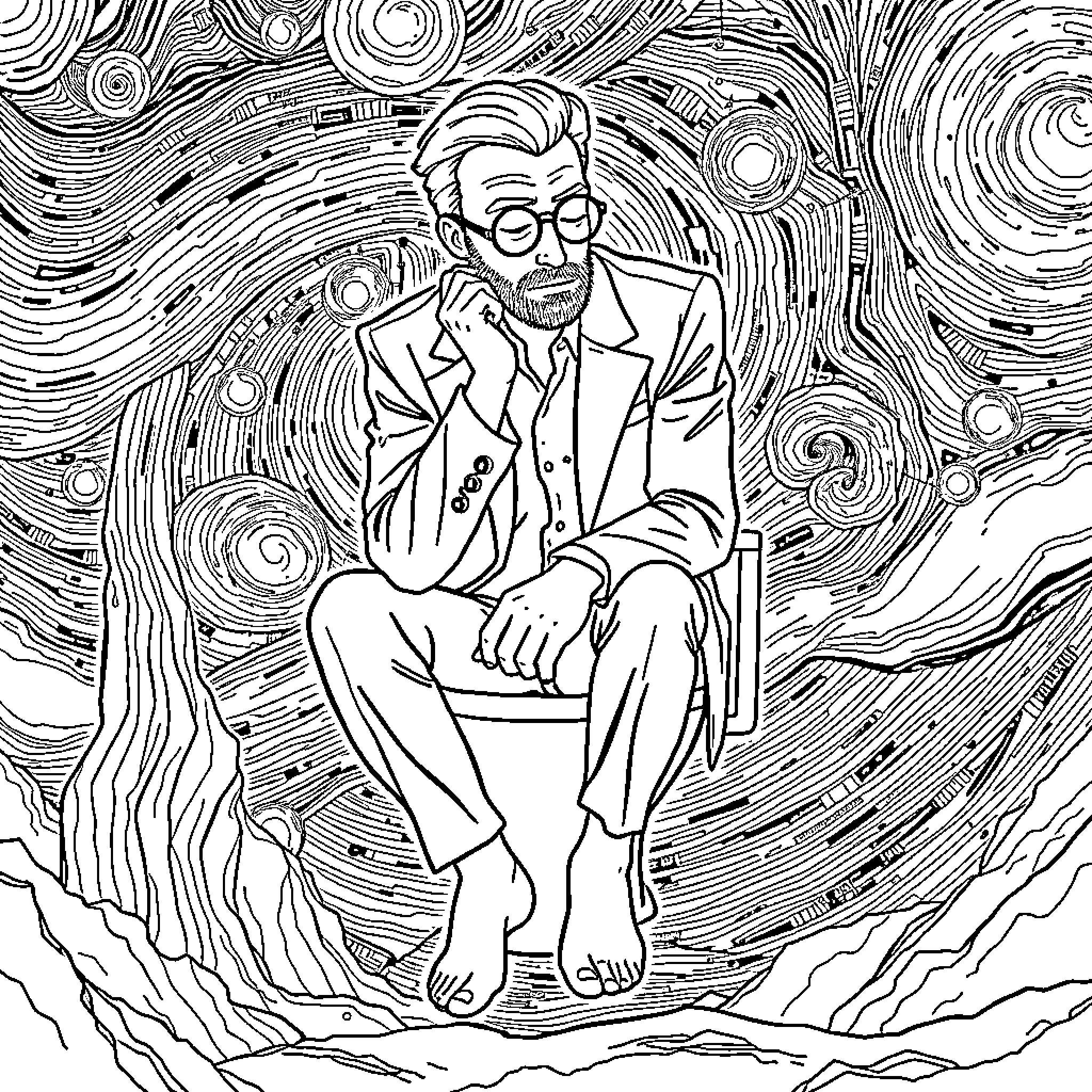 Man pondering in a surreal cosmic landscape Coloring Page (free black-and-white line drawing printable PDF for all, from beginners to advanced learners, including children, teens, adults, and seniors)