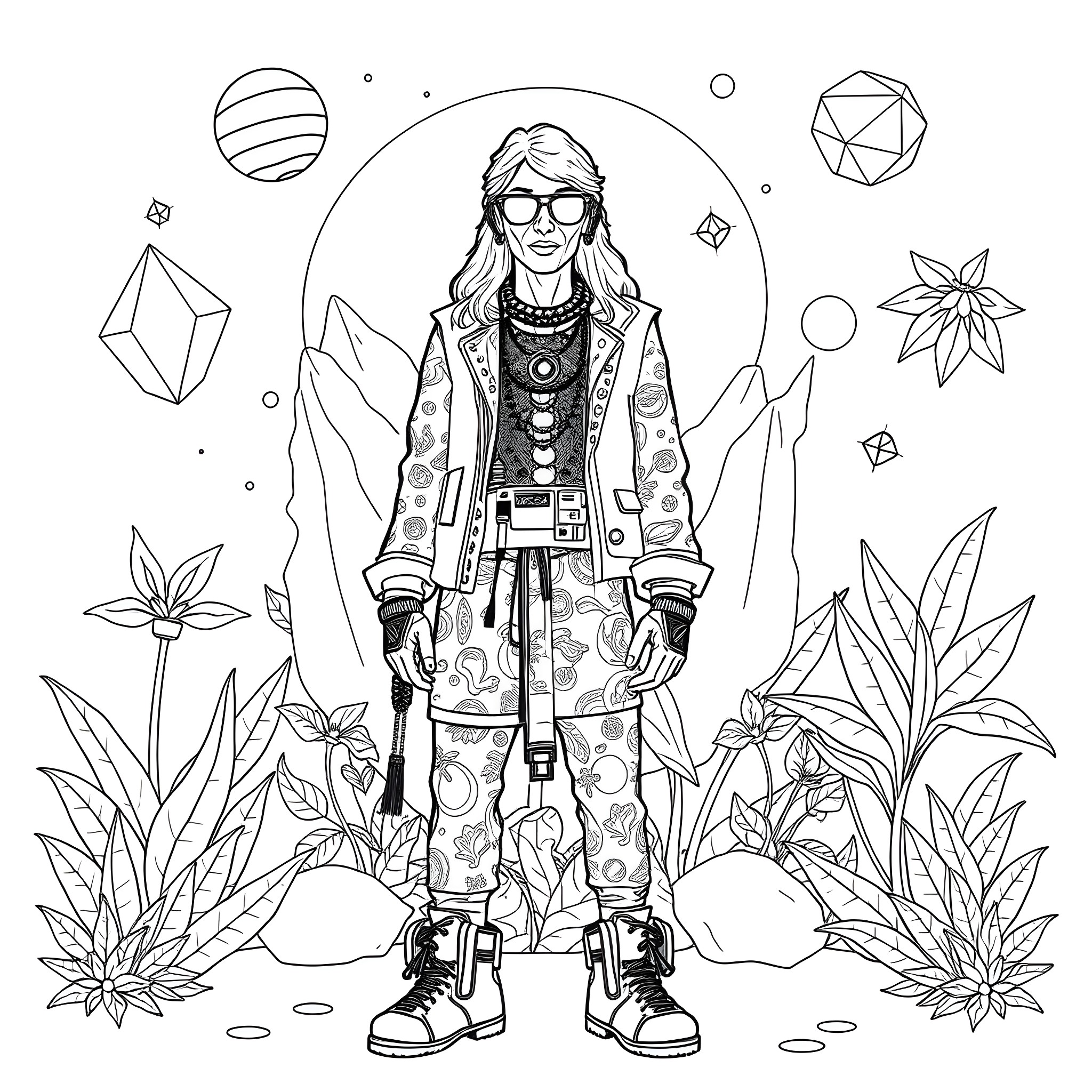 Hippie Girl in Psychedelic Landscape Coloring Page (free black-and-white line drawing printable PDF for all, from beginners to advanced learners, including children, teens, adults, and seniors)