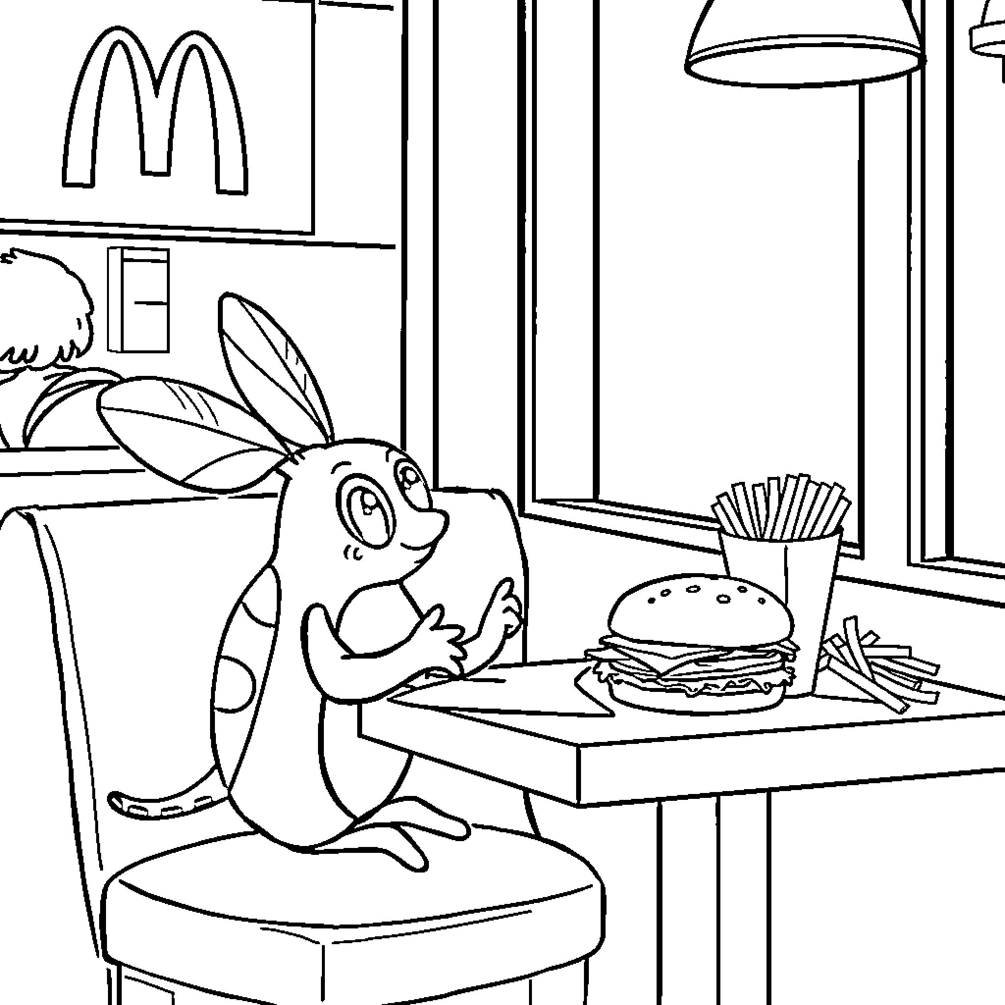 Chase the Rabbit's Fast Food Adventure Coloring Page (free black-and-white line drawing printable PDF for all, from beginners to advanced learners, including children, teens, adults, and seniors)