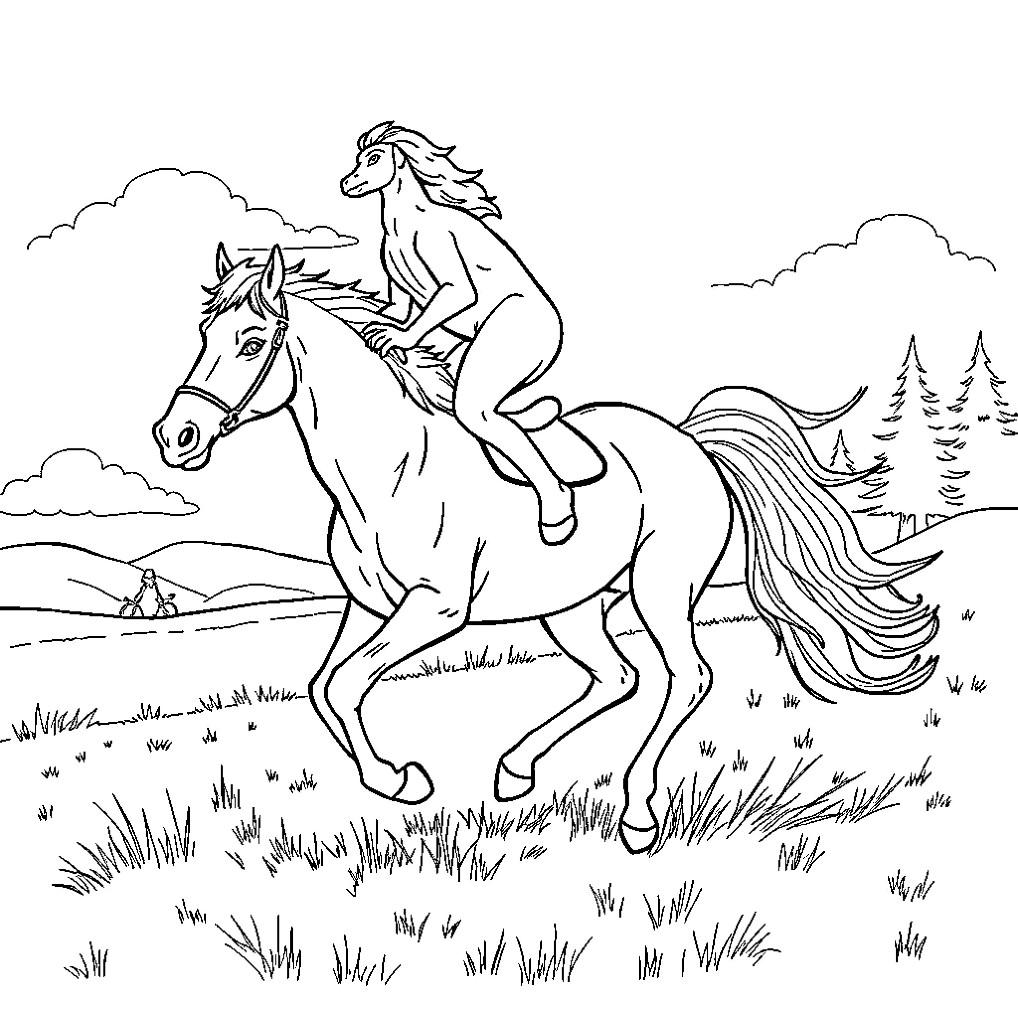 Perro cabalga a caballo en el campo Coloring Page (free black-and-white line drawing printable PDF for all, from beginners to advanced learners, including children, teens, adults, and seniors)
