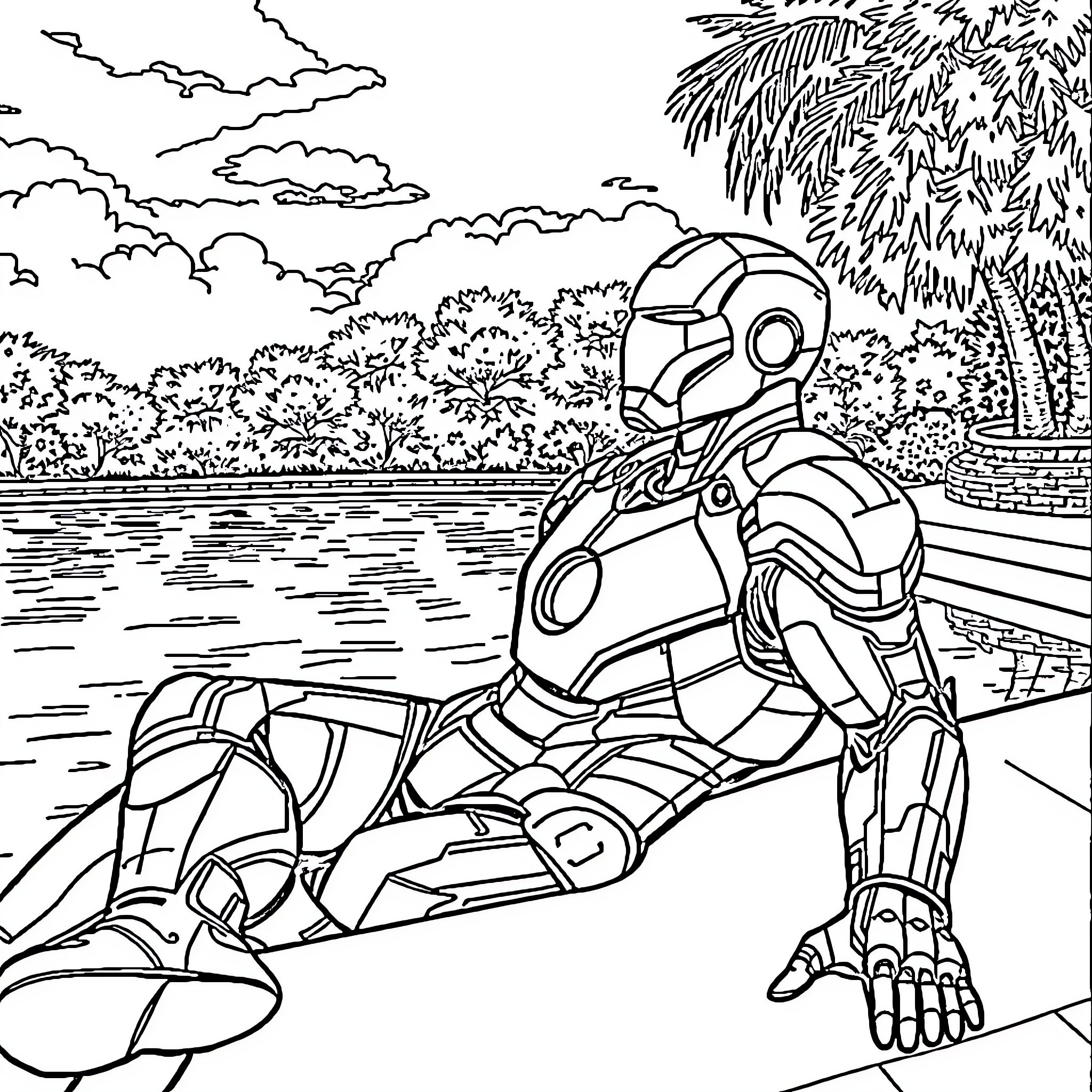 Ironman's relaxing day by the beach Coloring Page (free black-and-white line drawing printable PDF for all, from beginners to advanced learners, including children, teens, adults, and seniors)