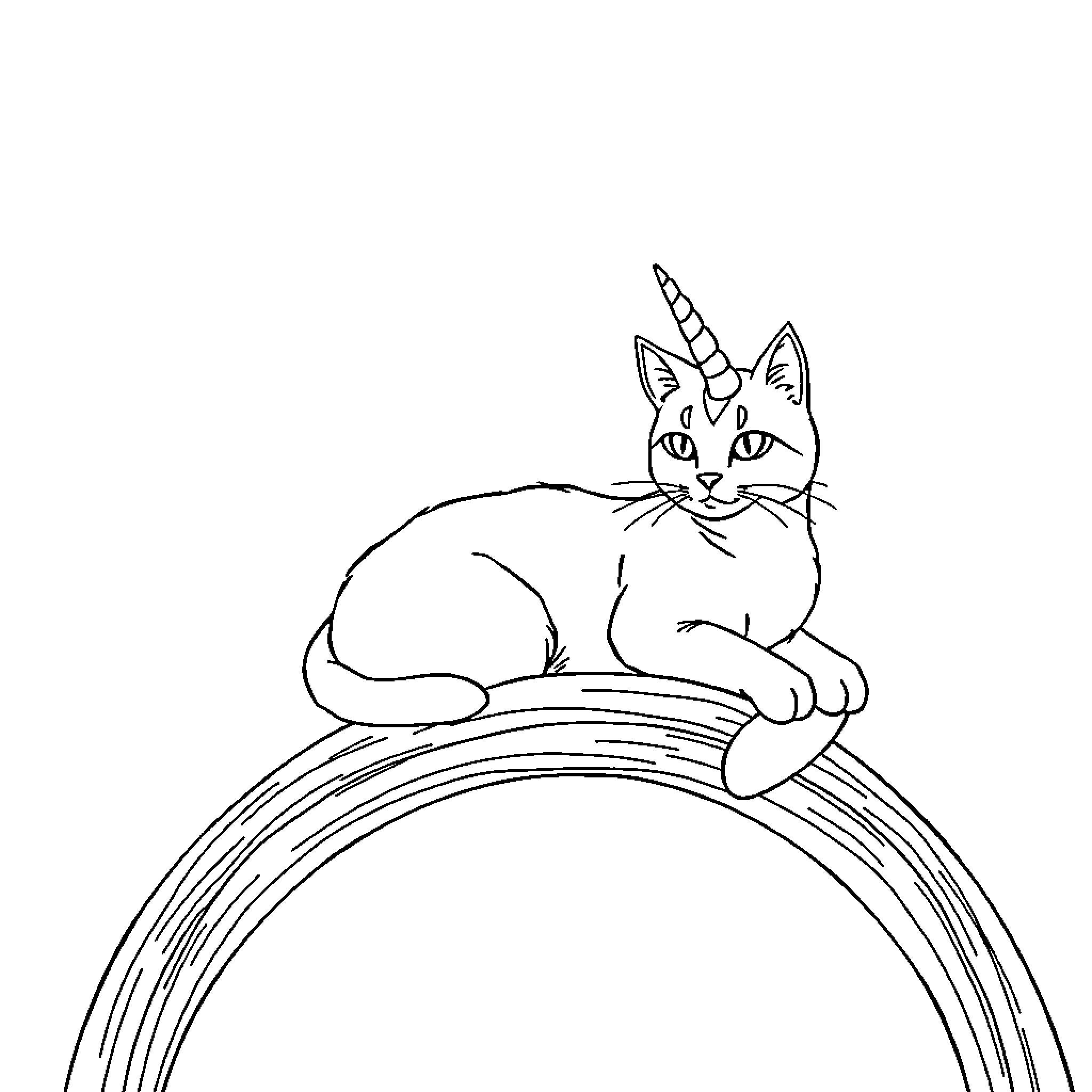 Unicorn cat sitting on colorful rainbow Coloring Page (free black-and-white line drawing printable PDF for all, from beginners to advanced learners, including children, teens, adults, and seniors)