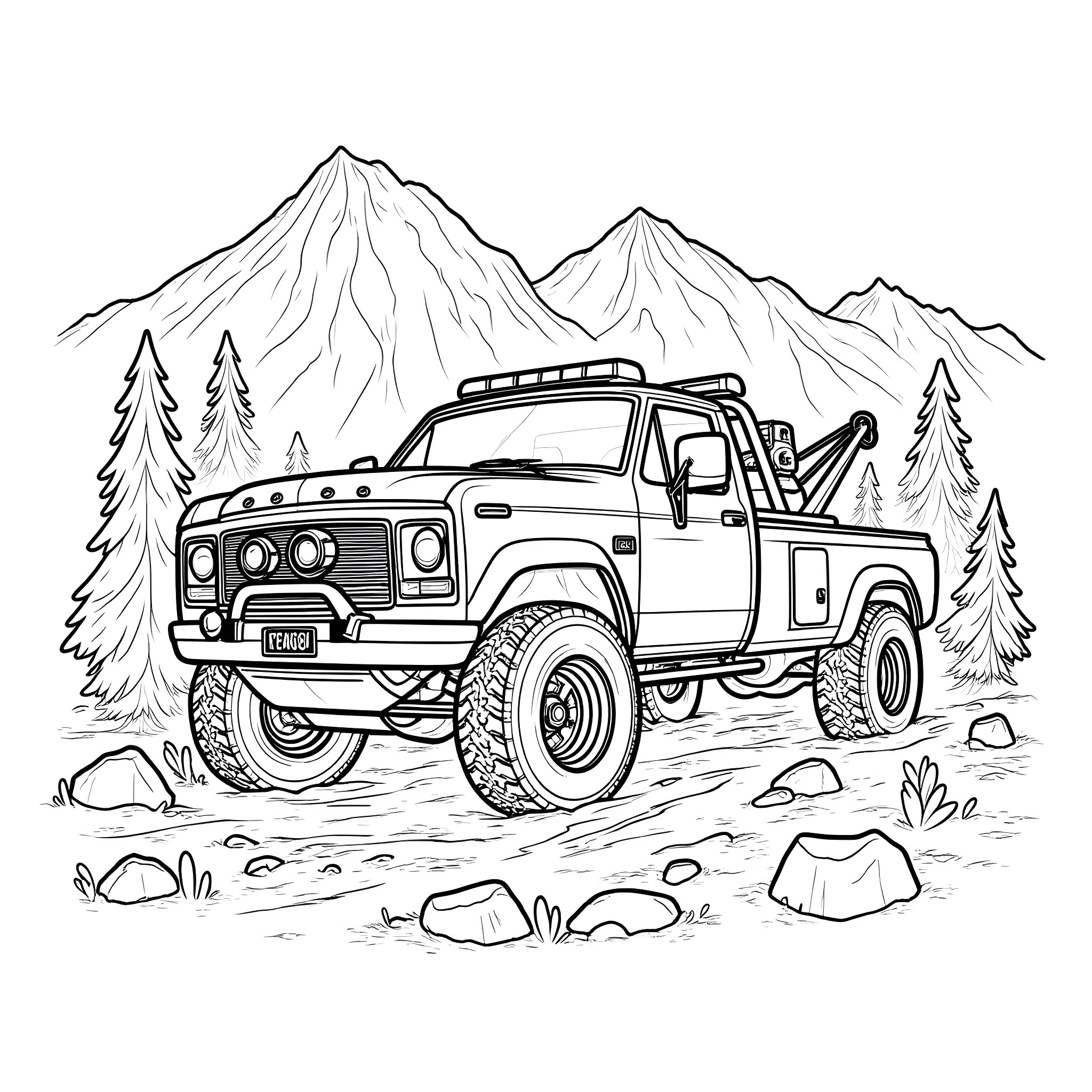 Wrecker Truck rescuing vehicle in rugged terrain Coloring Page (free black-and-white line drawing printable PDF for all, from beginners to advanced learners, including children, teens, adults, and seniors)
