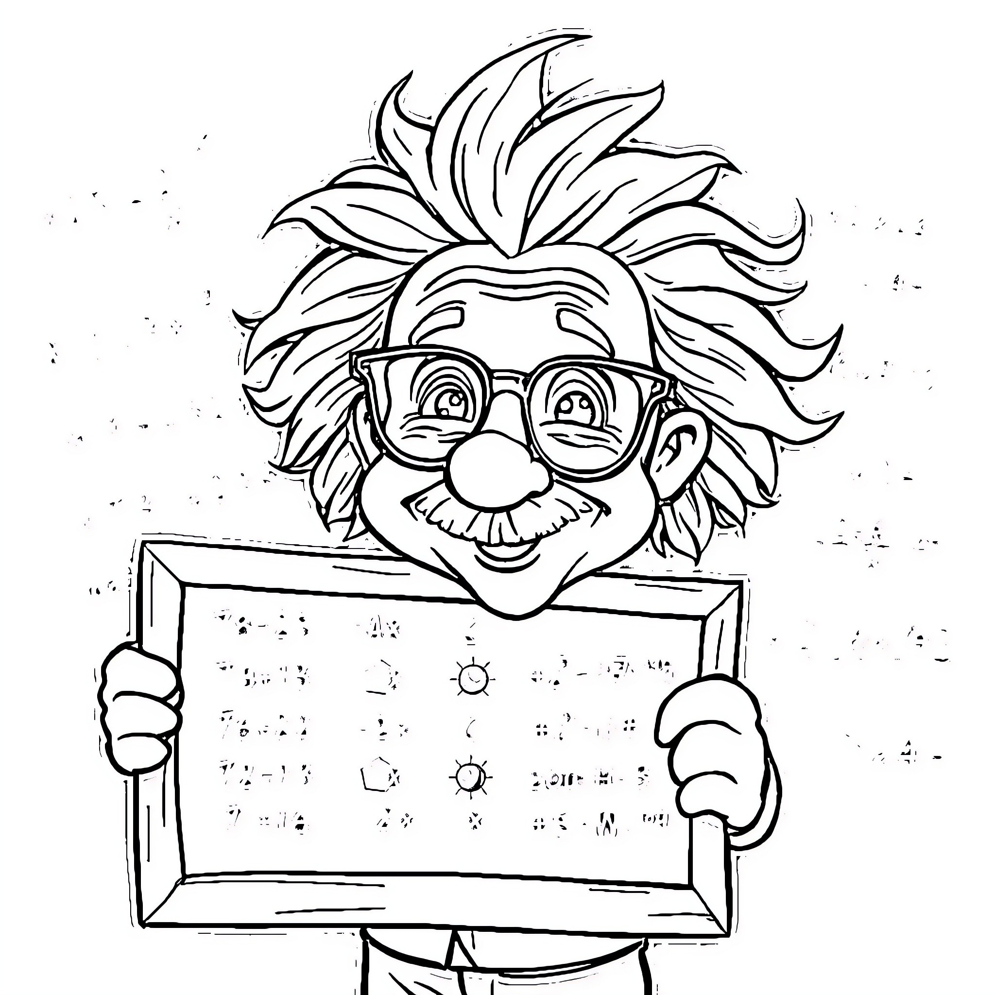 Einstein's Whimsical Chalkboard Doodle Coloring Page (free black-and-white line drawing printable PDF for all, from beginners to advanced learners, including children, teens, adults, and seniors)