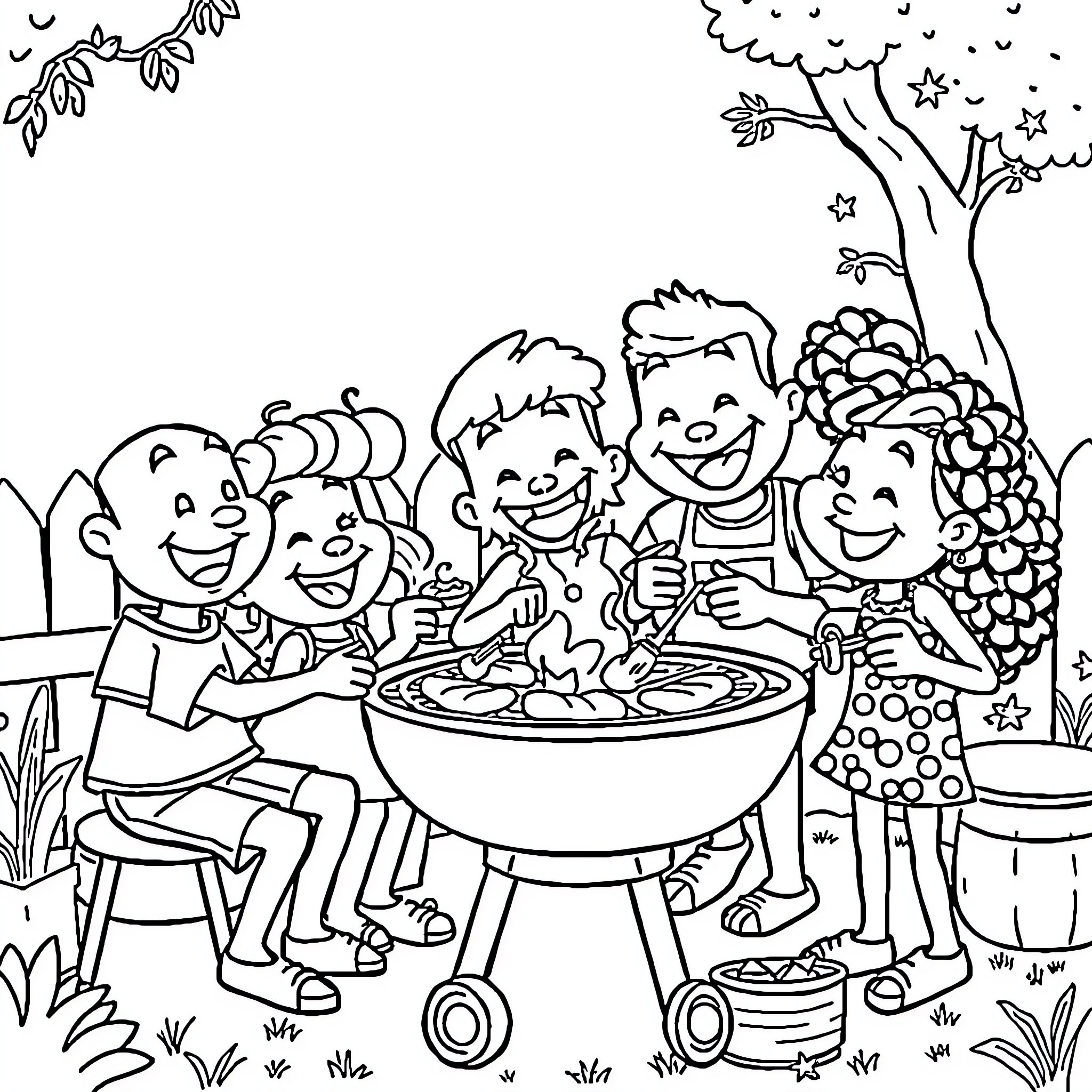 Bluey's family having a fun outdoor barbecue Coloring Page (free black-and-white line drawing printable PDF for all, from beginners to advanced learners, including children, teens, adults, and seniors)