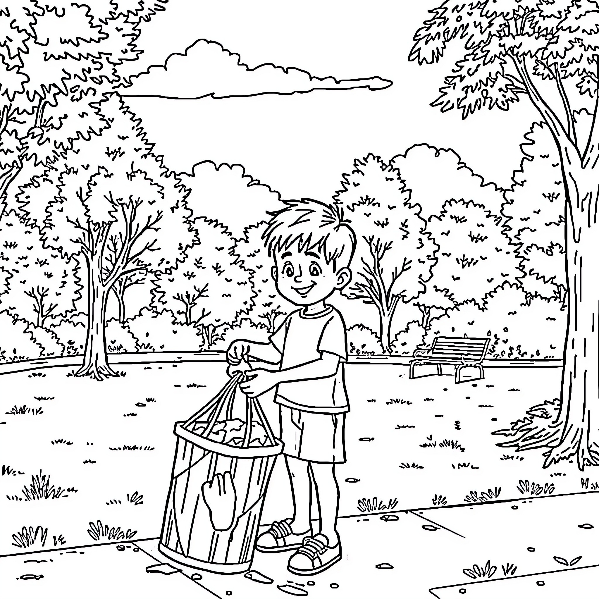 Boy Enjoying Nature in Park Coloring Page (free black-and-white line drawing printable PDF for all, from beginners to advanced learners, including children, teens, adults, and seniors)