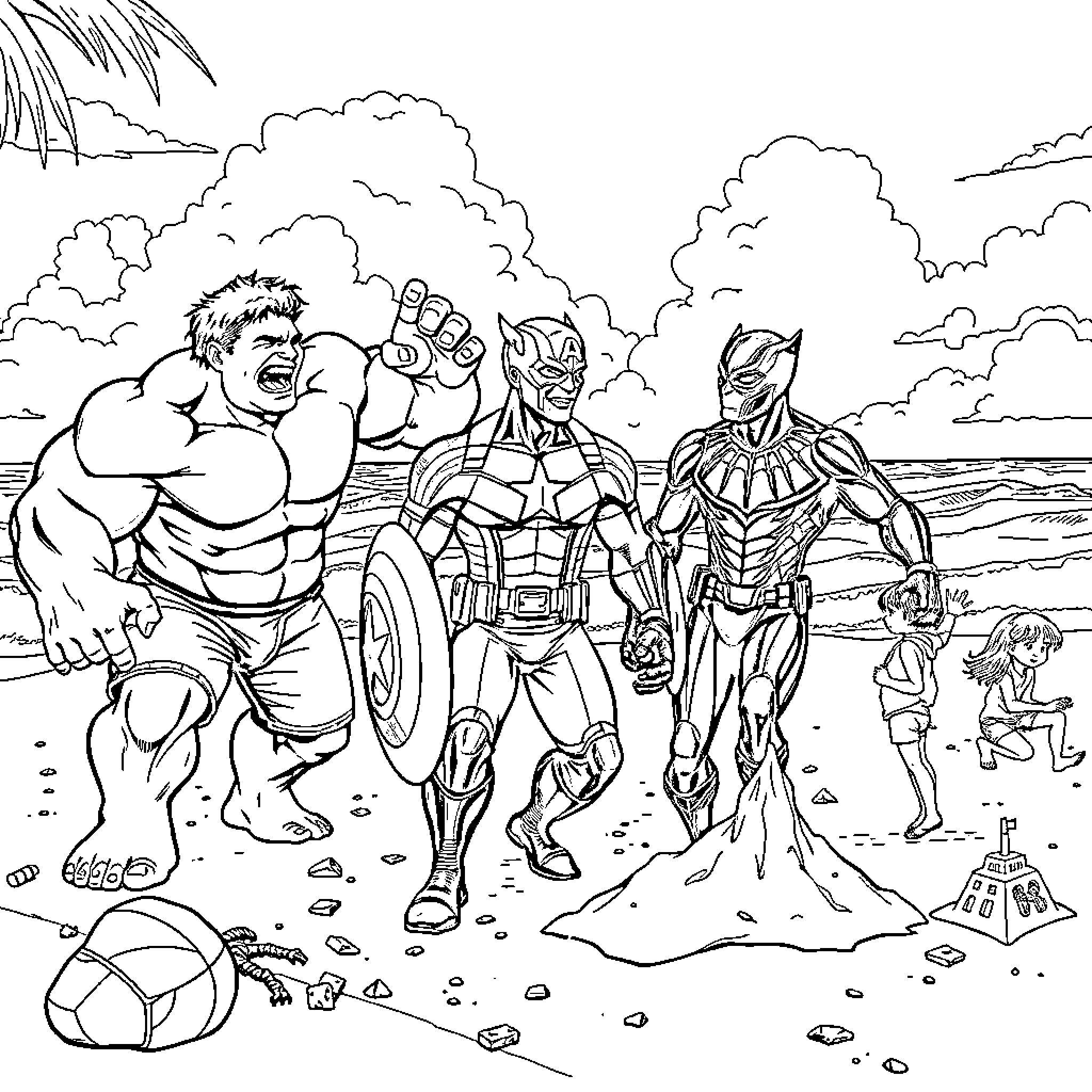 Hulk, Captain America, and Black Panther in action on the beach Coloring Page (free black-and-white line drawing printable PDF for all, from beginners to advanced learners, including children, teens, adults, and seniors)