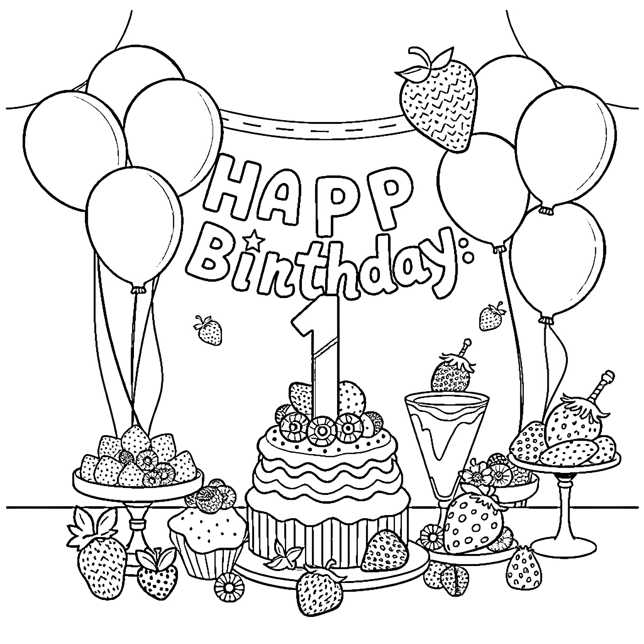 Berry Themed Birthday Celebration with Balloons and Sweets Coloring Page (free black-and-white line drawing printable PDF for all, from beginners to advanced learners, including children, teens, adults, and seniors)