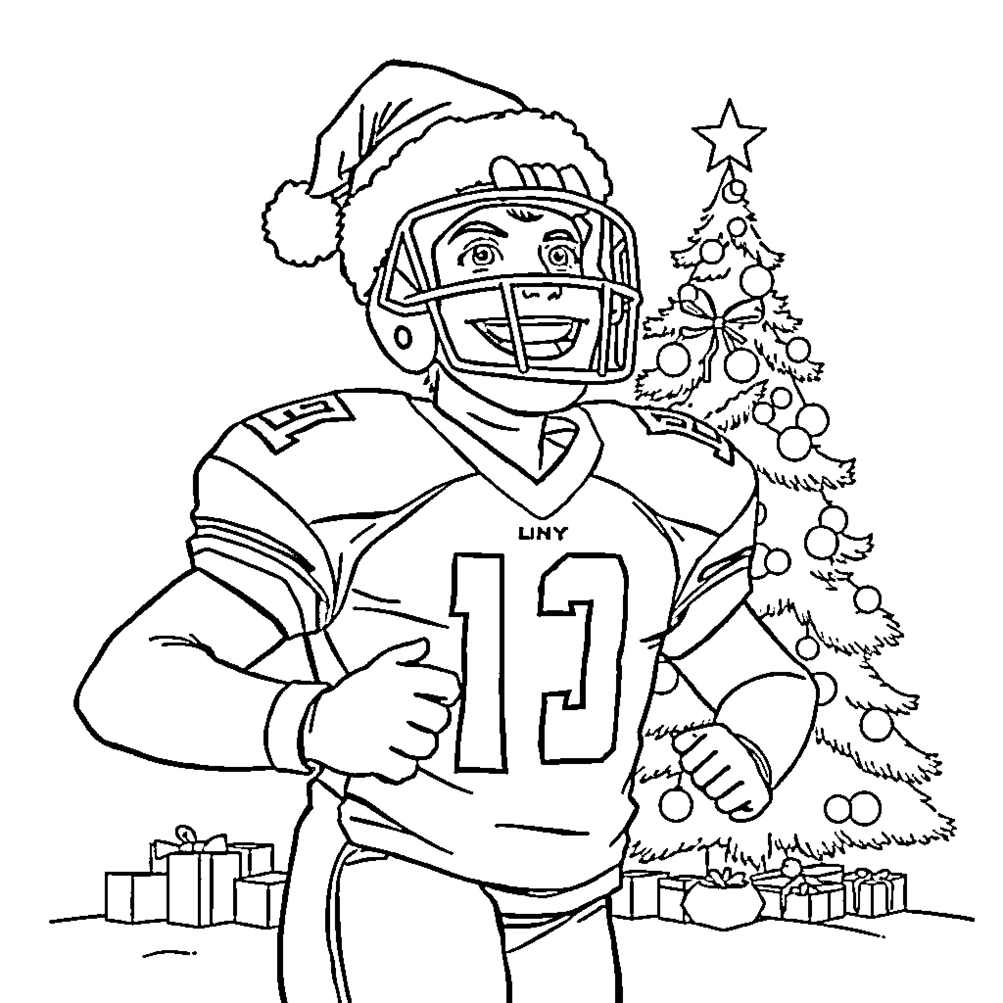 Football Player Celebrating Christmas with Decorated Tree Coloring Page (free black-and-white line drawing printable PDF for all, from beginners to advanced learners, including children, teens, adults, and seniors)