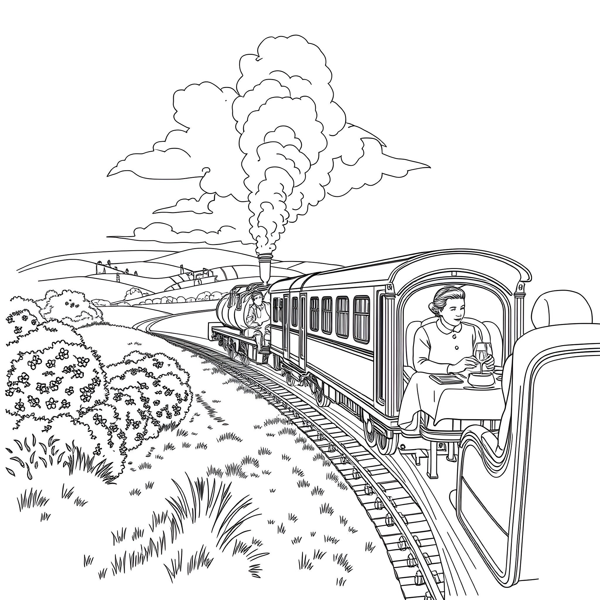 Train Journey Through Picturesque Countryside Coloring Page (free black-and-white line drawing printable PDF for all, from beginners to advanced learners, including children, teens, adults, and seniors)