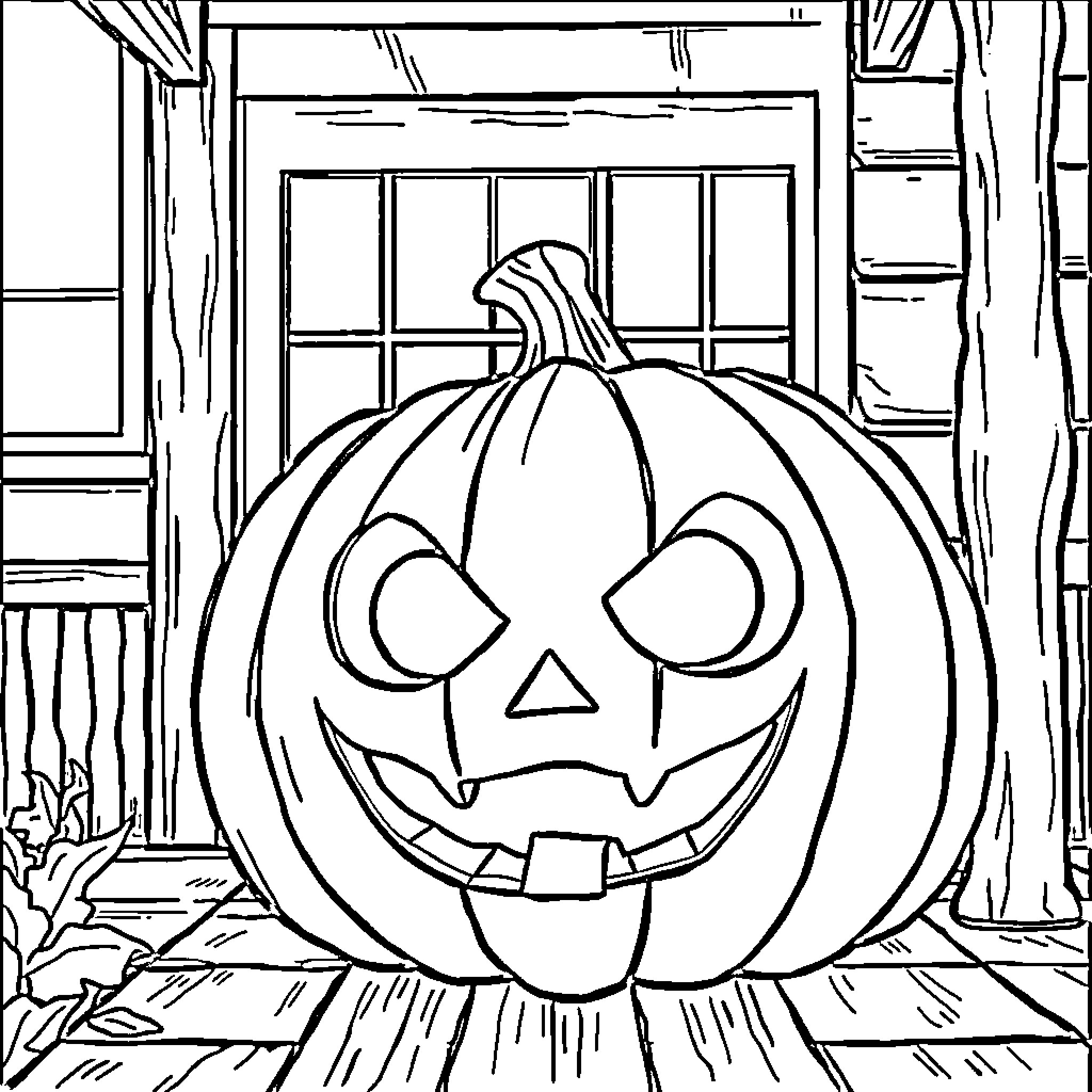 Pumpkin Jack-o'-lantern in Spooky Cabin Coloring Page (free black-and-white line drawing printable PDF for all, from beginners to advanced learners, including children, teens, adults, and seniors)
