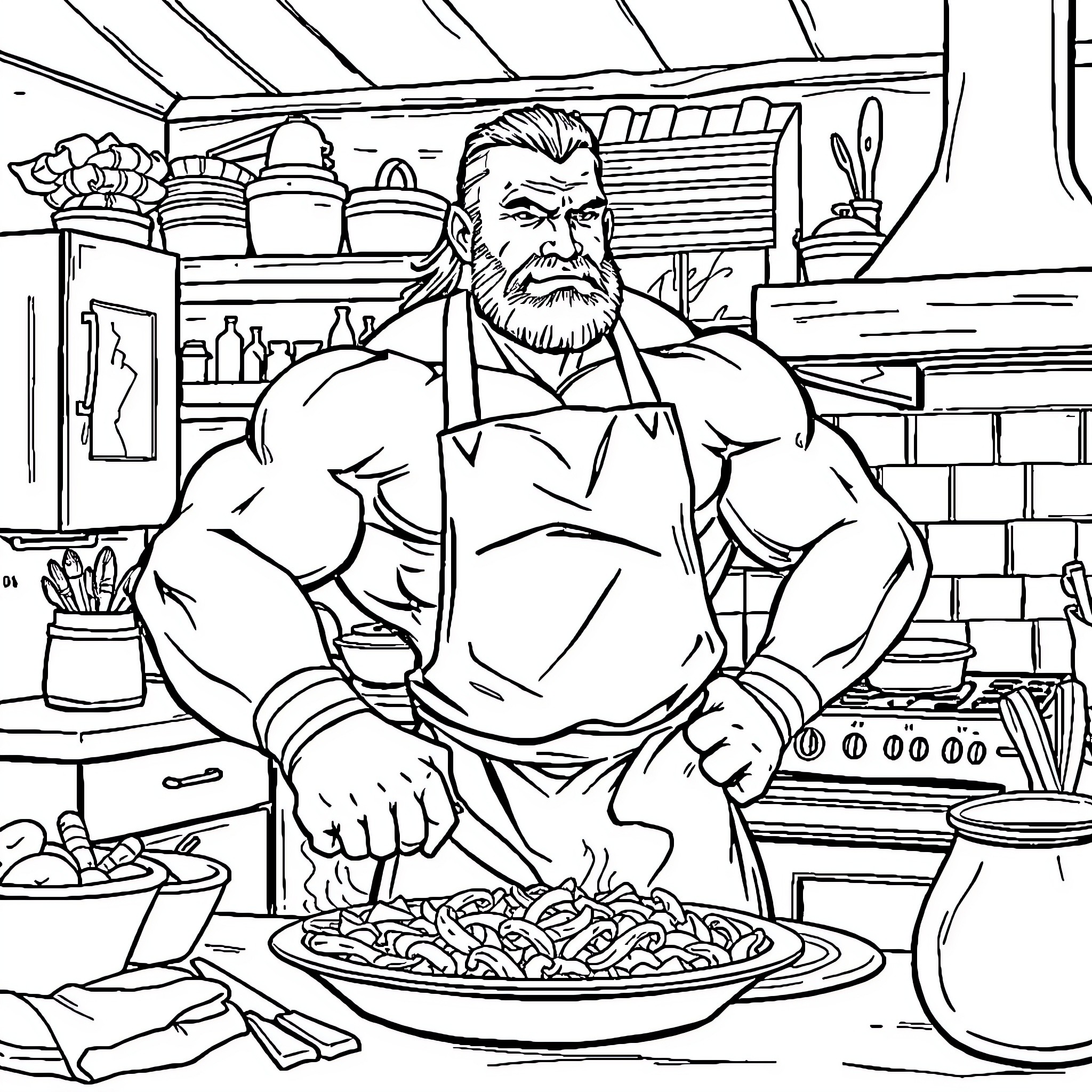 Wrestler preparing a hearty meal in the kitchen Coloring Page (free black-and-white line drawing printable PDF for all, from beginners to advanced learners, including children, teens, adults, and seniors)