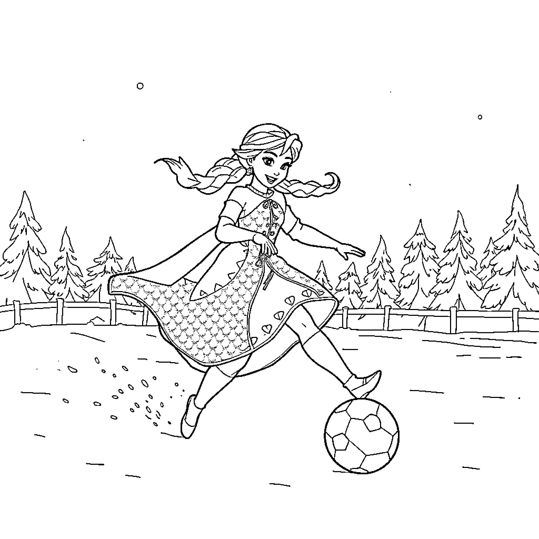 Queen playing joyfully with soccer ball in the snow Coloring Page (free black-and-white line drawing printable PDF for all, from beginners to advanced learners, including children, teens, adults, and seniors)