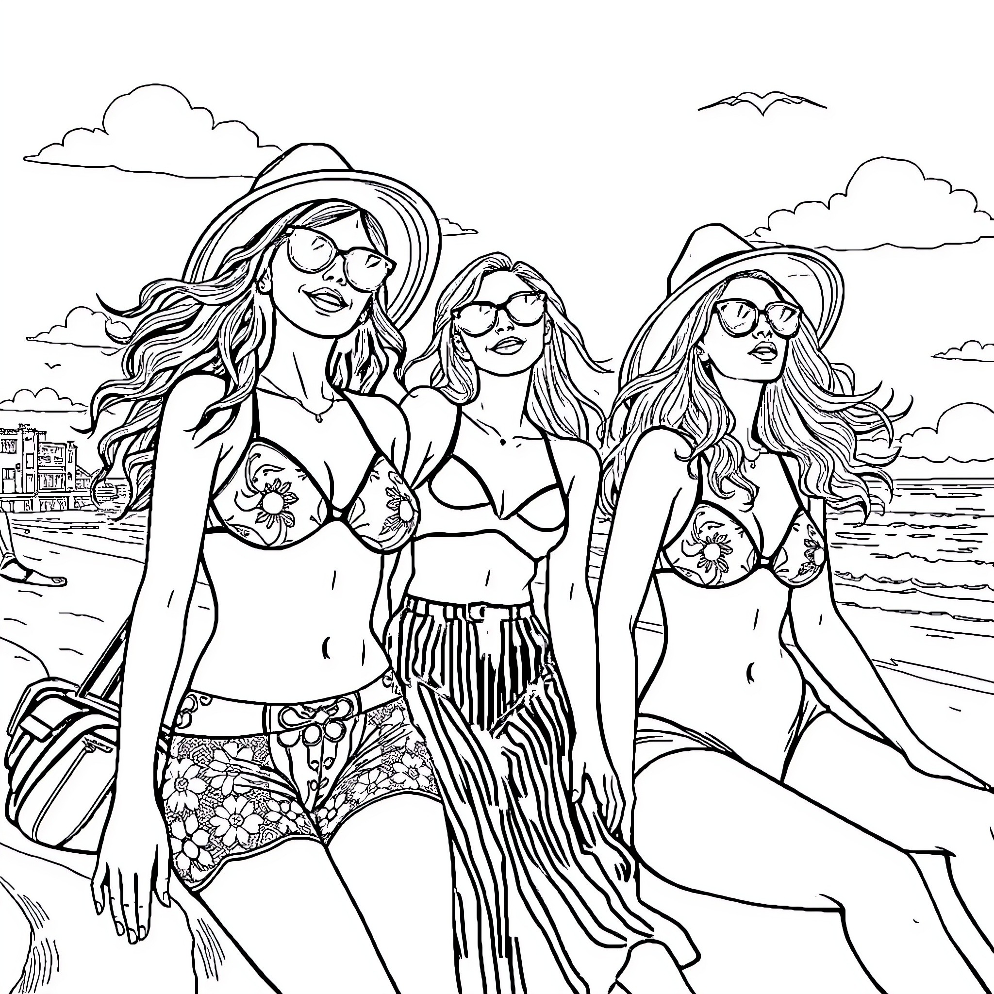 Chicks Enjoying a Beach Day Coloring Page (free black-and-white line drawing printable PDF for all, from beginners to advanced learners, including children, teens, adults, and seniors)