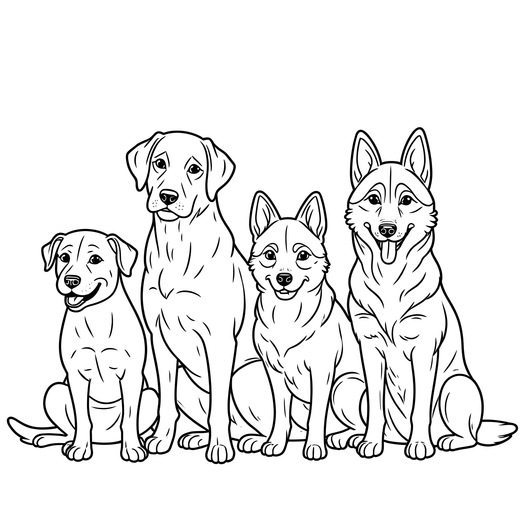 Dog Family Posing Together Happily Coloring Page (free black-and-white line drawing printable PDF for all, from beginners to advanced learners, including children, teens, adults, and seniors)