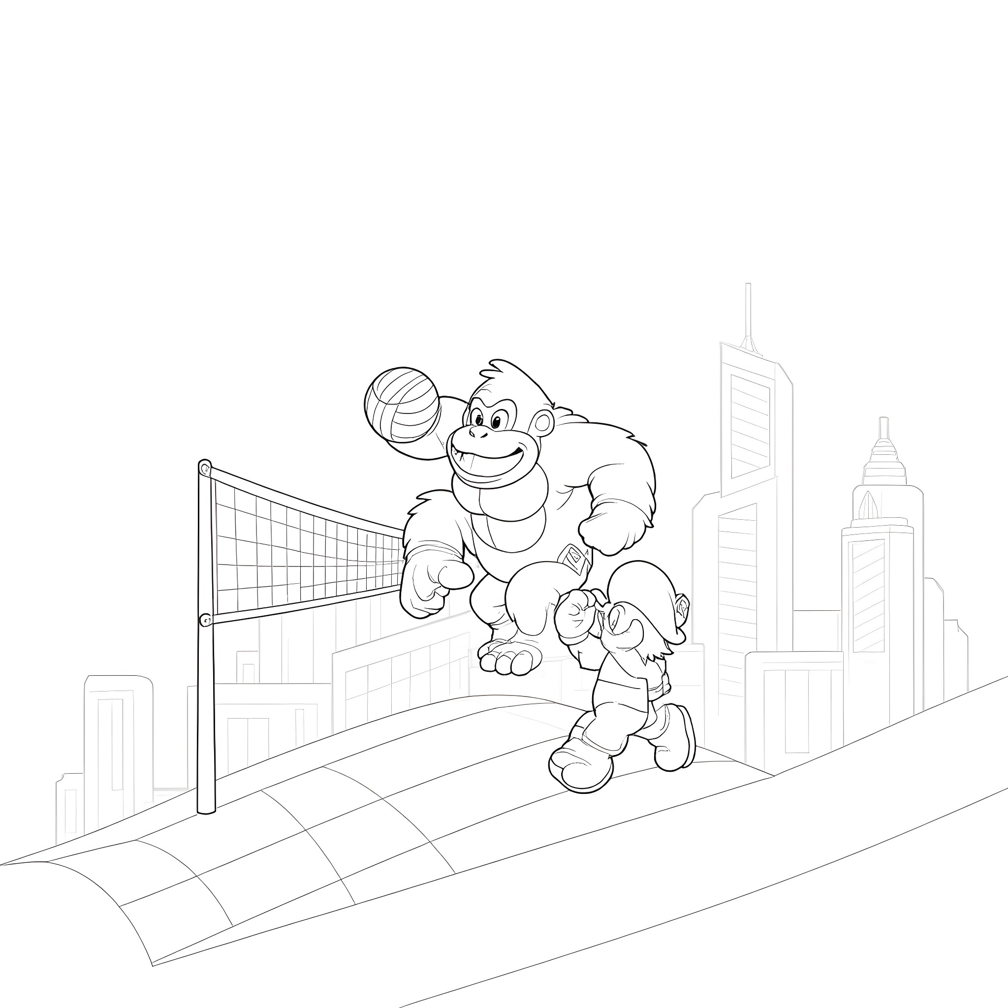 Donkey Kong playing volleyball in the city Coloring Page (free black-and-white line drawing printable PDF for all, from beginners to advanced learners, including children, teens, adults, and seniors)