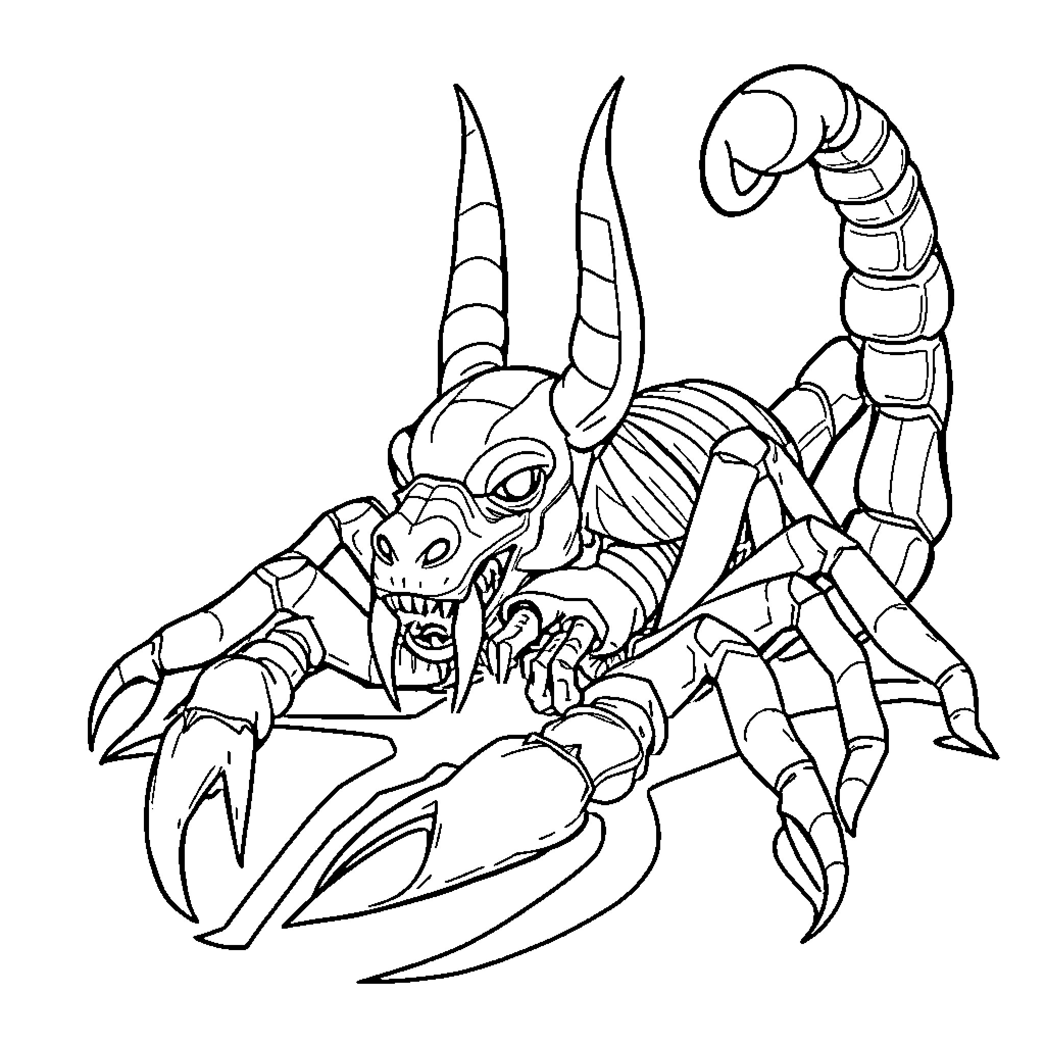 Scorpion Creature with Fierce Claws and Pincers Coloring Page (free black-and-white line drawing printable PDF for all, from beginners to advanced learners, including children, teens, adults, and seniors)
