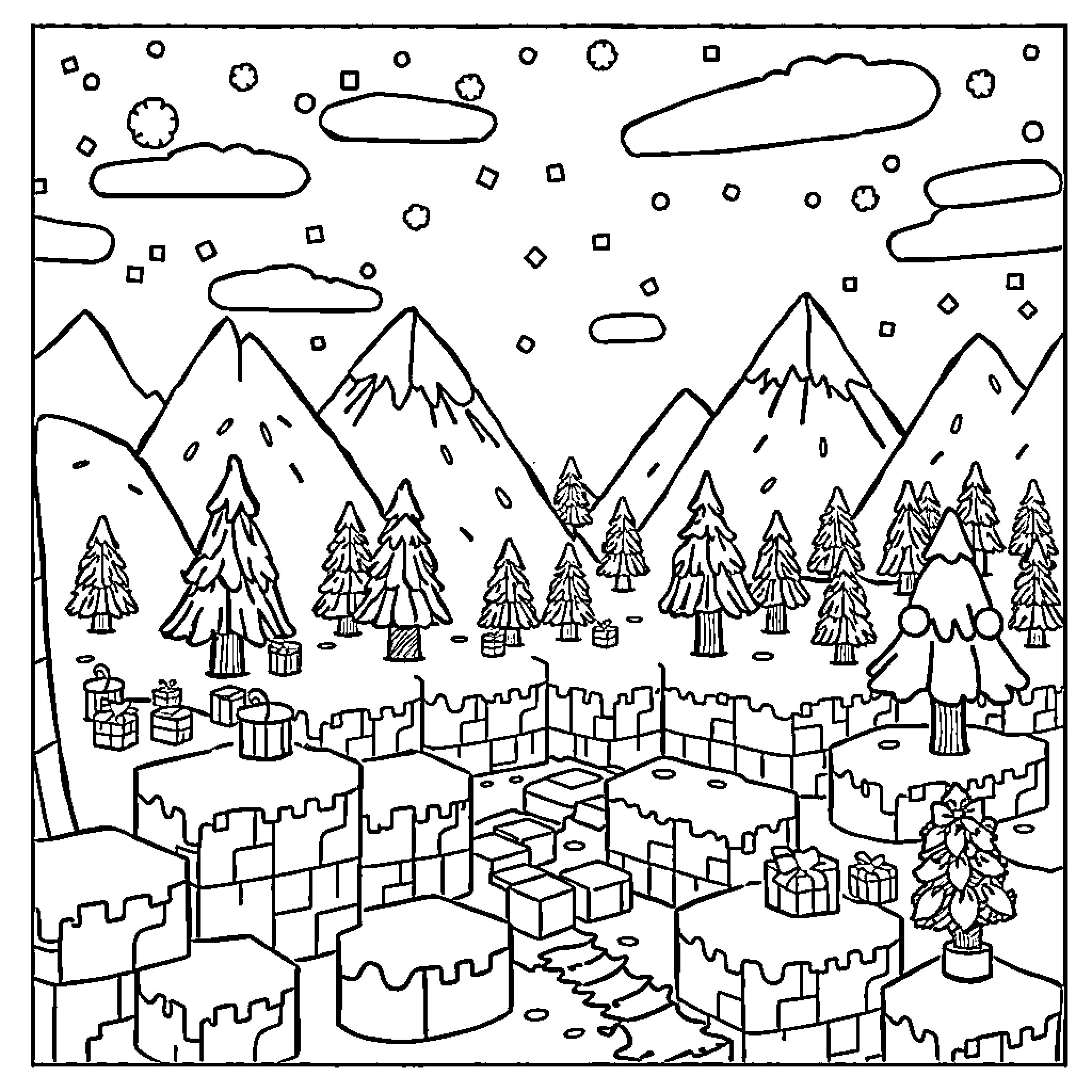 Minecraft winter wonderland with mountains and presents Coloring Page (free black-and-white line drawing printable PDF for all, from beginners to advanced learners, including children, teens, adults, and seniors)