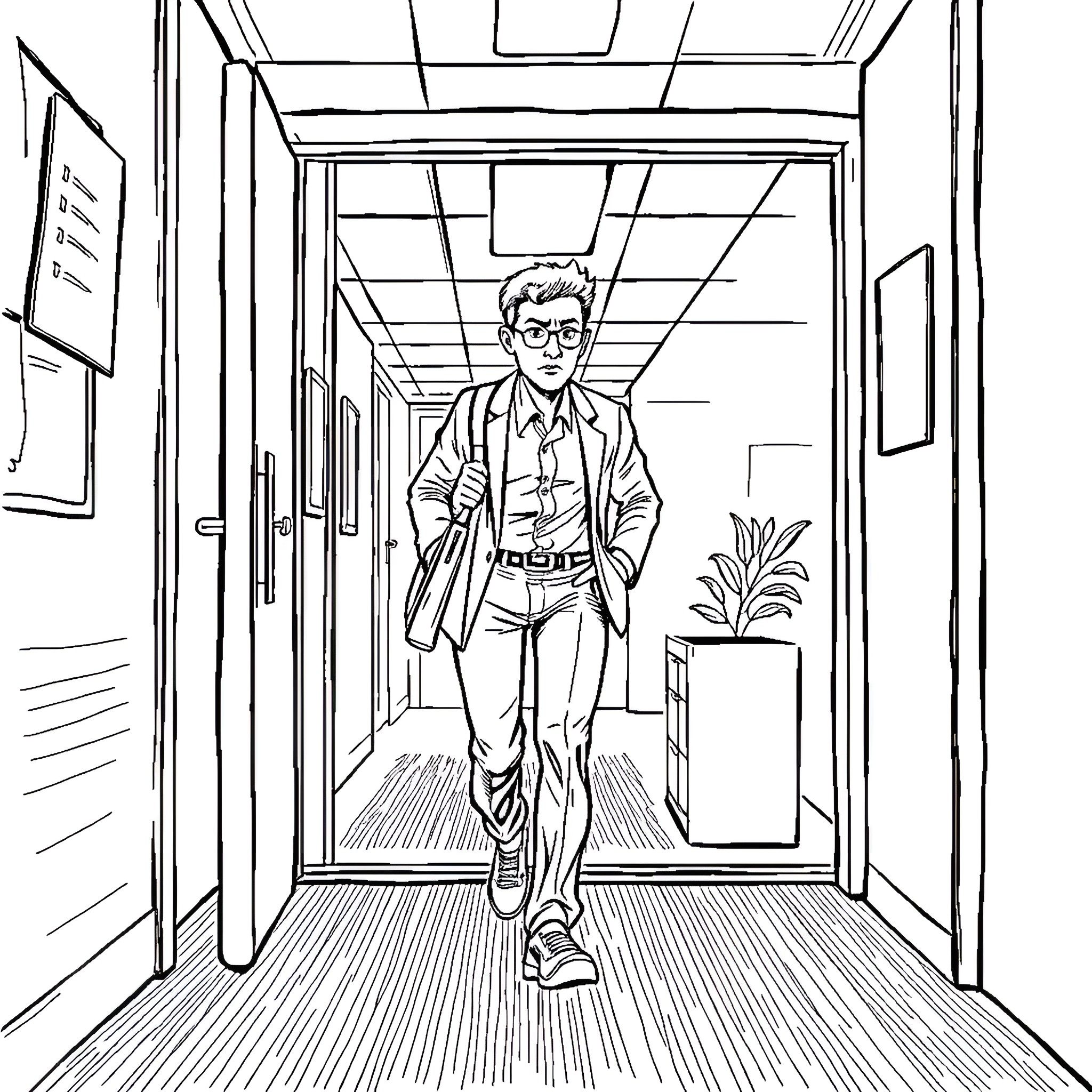 Co-worker in a busy office setting Coloring Page (free black-and-white line drawing printable PDF for all, from beginners to advanced learners, including children, teens, adults, and seniors)