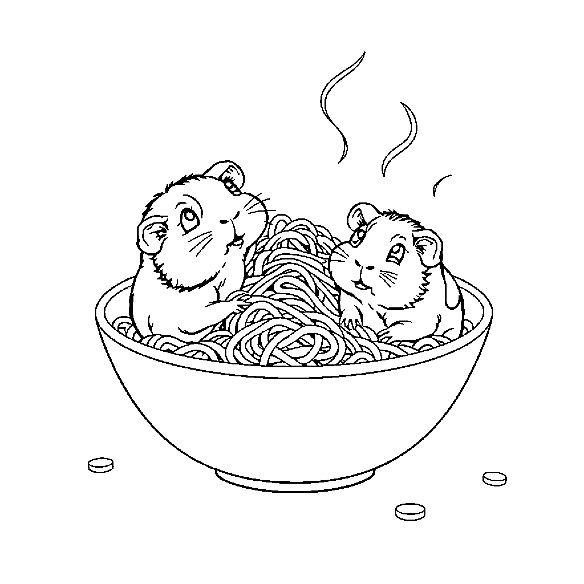Guinea Pigs Enjoying a Spaghetti Feast Coloring Page (free black-and-white line drawing printable PDF for all, from beginners to advanced learners, including children, teens, adults, and seniors)