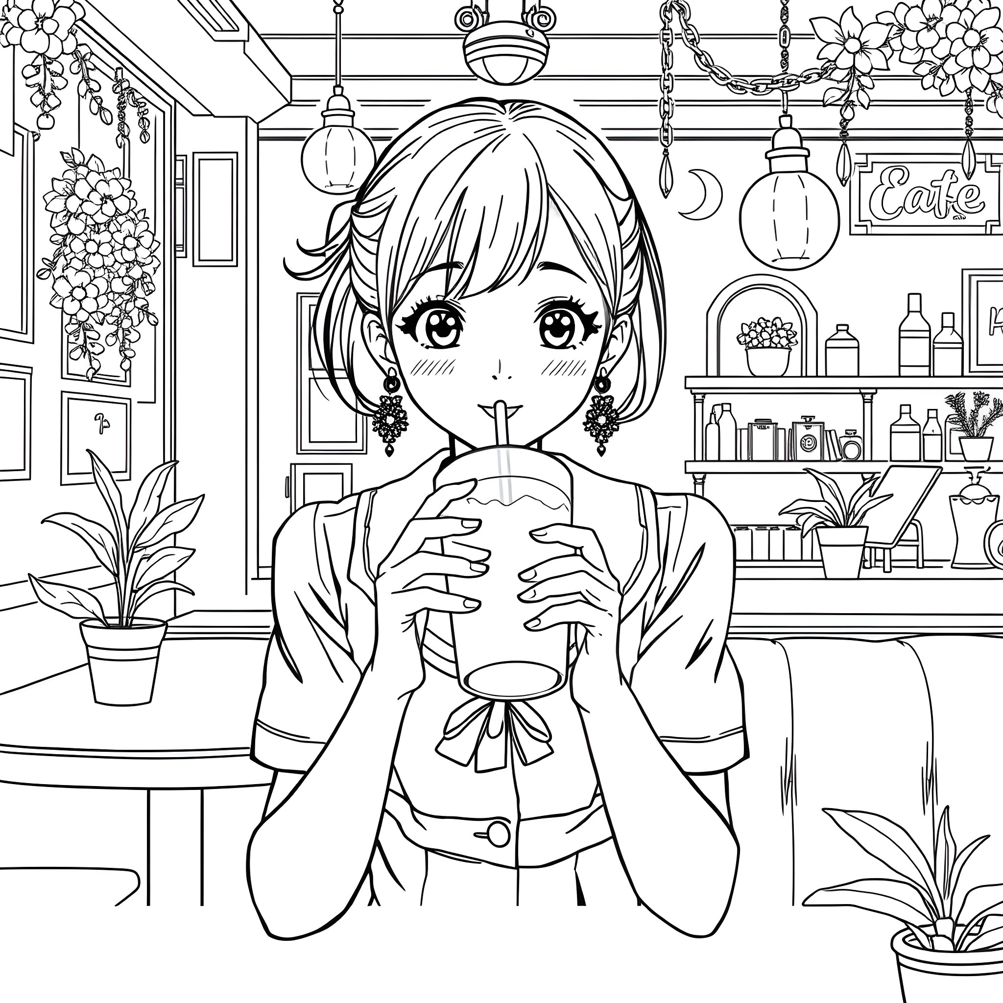 Girl enjoying a drink in a cozy cafe Coloring Page (free black-and-white line drawing printable PDF for all, from beginners to advanced learners, including children, teens, adults, and seniors)