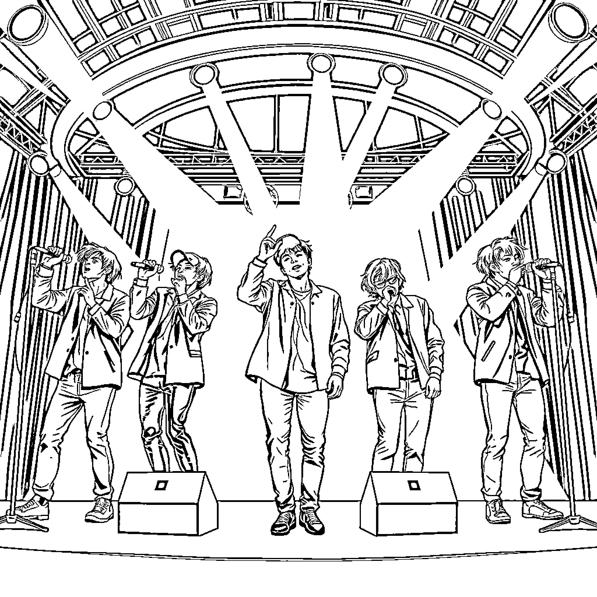 BTS Performing on Stage with Confident Expressions Coloring Page (free black-and-white line drawing printable PDF for all, from beginners to advanced learners, including children, teens, adults, and seniors)
