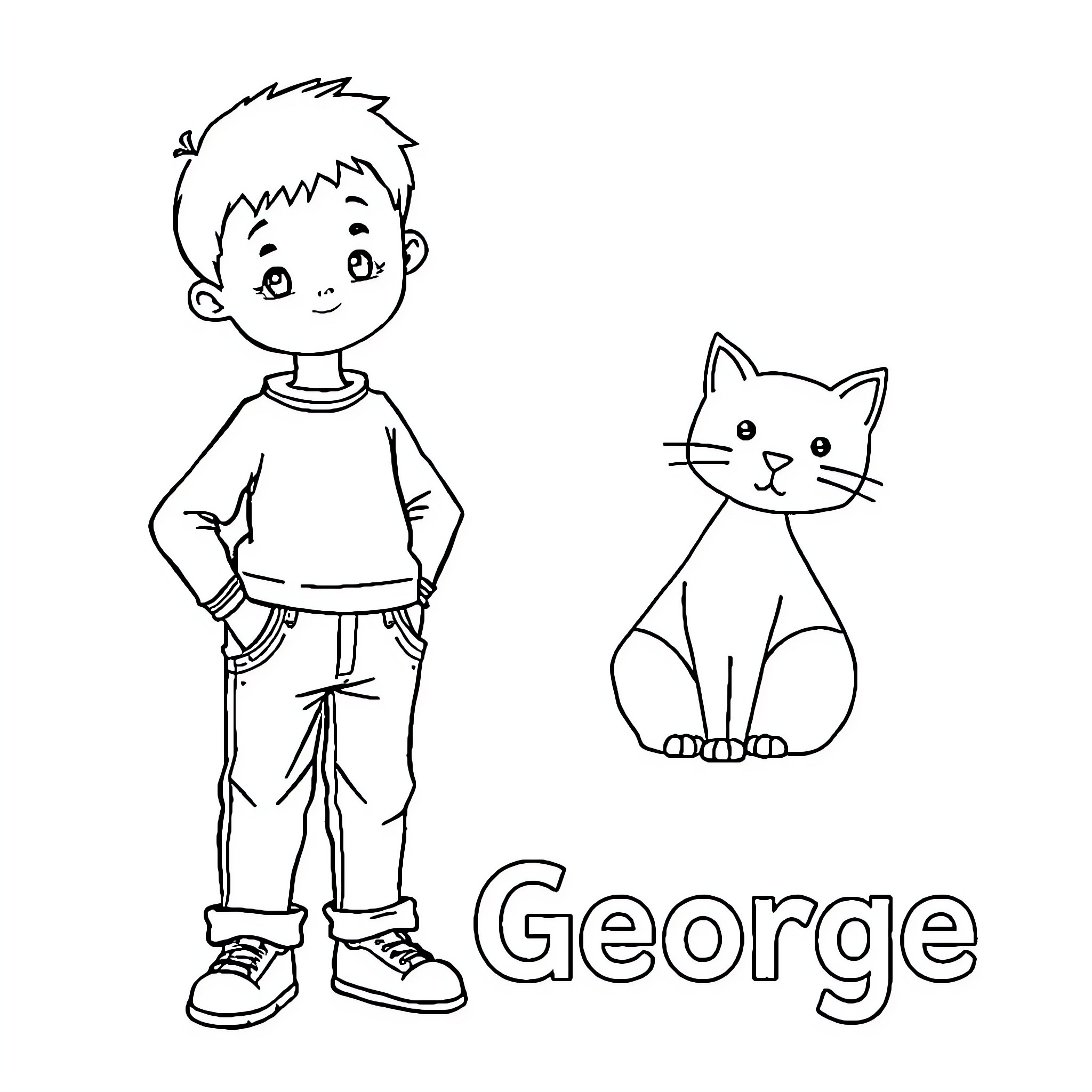 Boy and Cute Cat Coloring Page (free black-and-white line drawing printable PDF for all, from beginners to advanced learners, including children, teens, adults, and seniors)