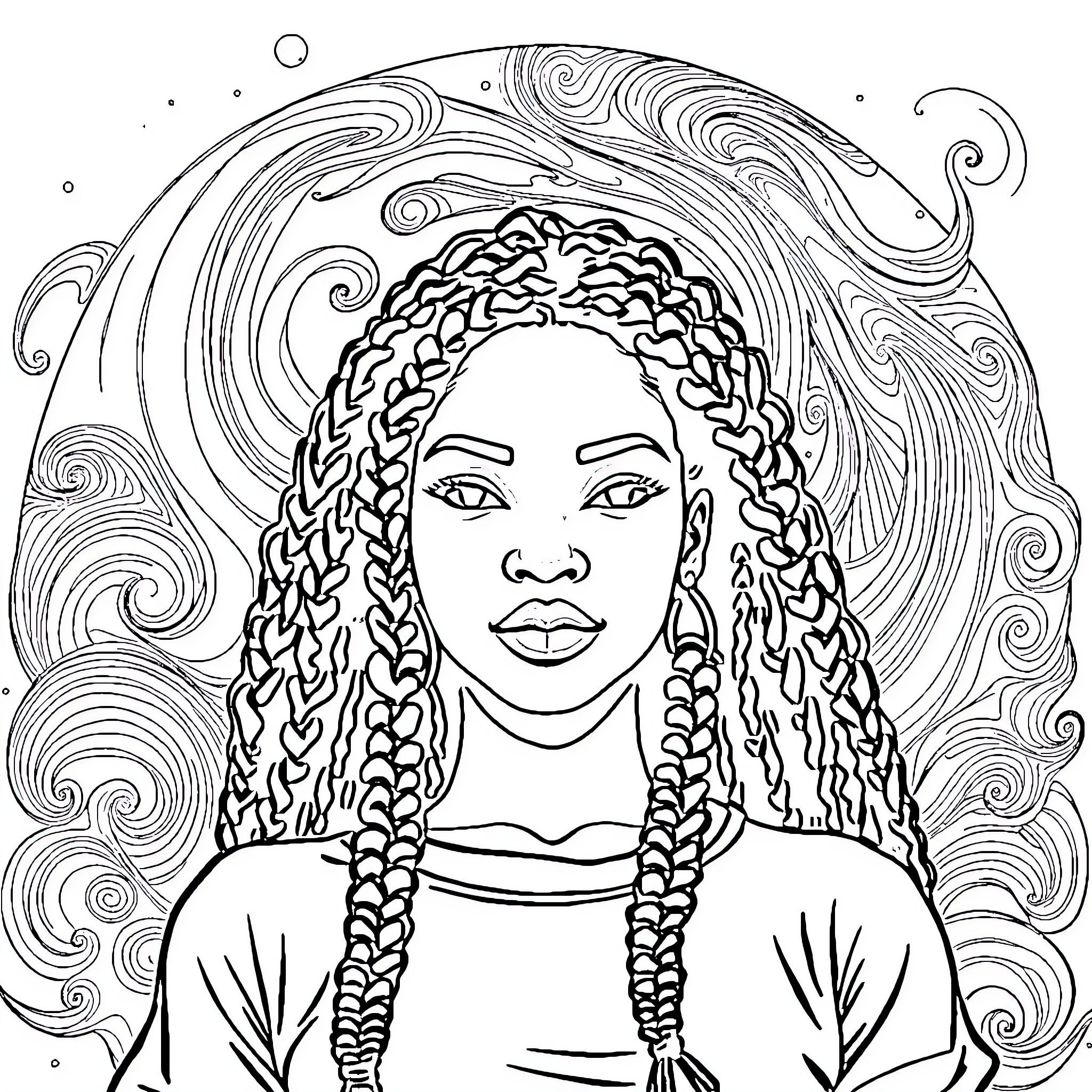 Woman with intricate braided hairstyle in serene environment Coloring Page (free black-and-white line drawing printable PDF for all, from beginners to advanced learners, including children, teens, adults, and seniors)
