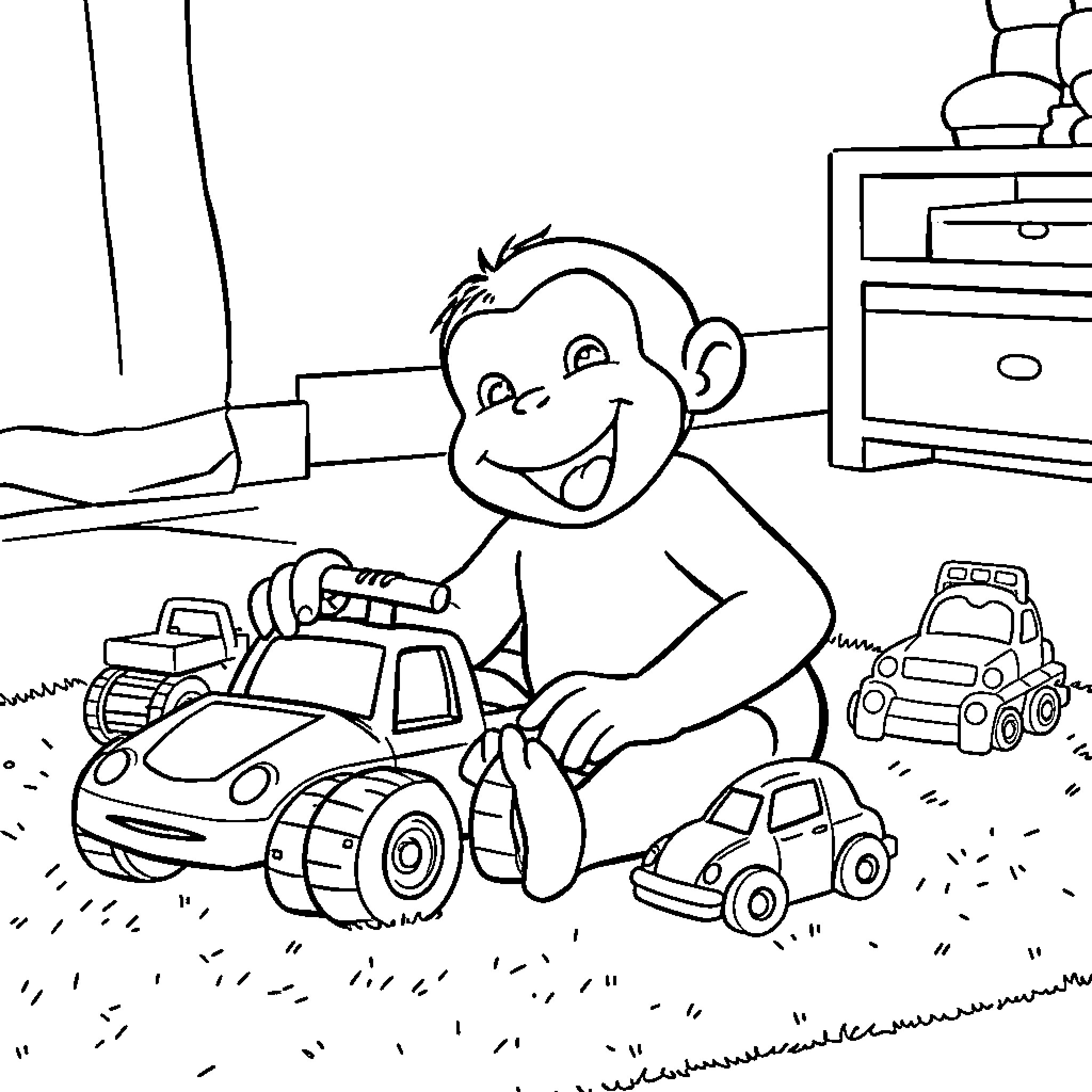 Curious George Plays Joyfully with Toy Vehicles Coloring Page (free black-and-white line drawing printable PDF for all, from beginners to advanced learners, including children, teens, adults, and seniors)