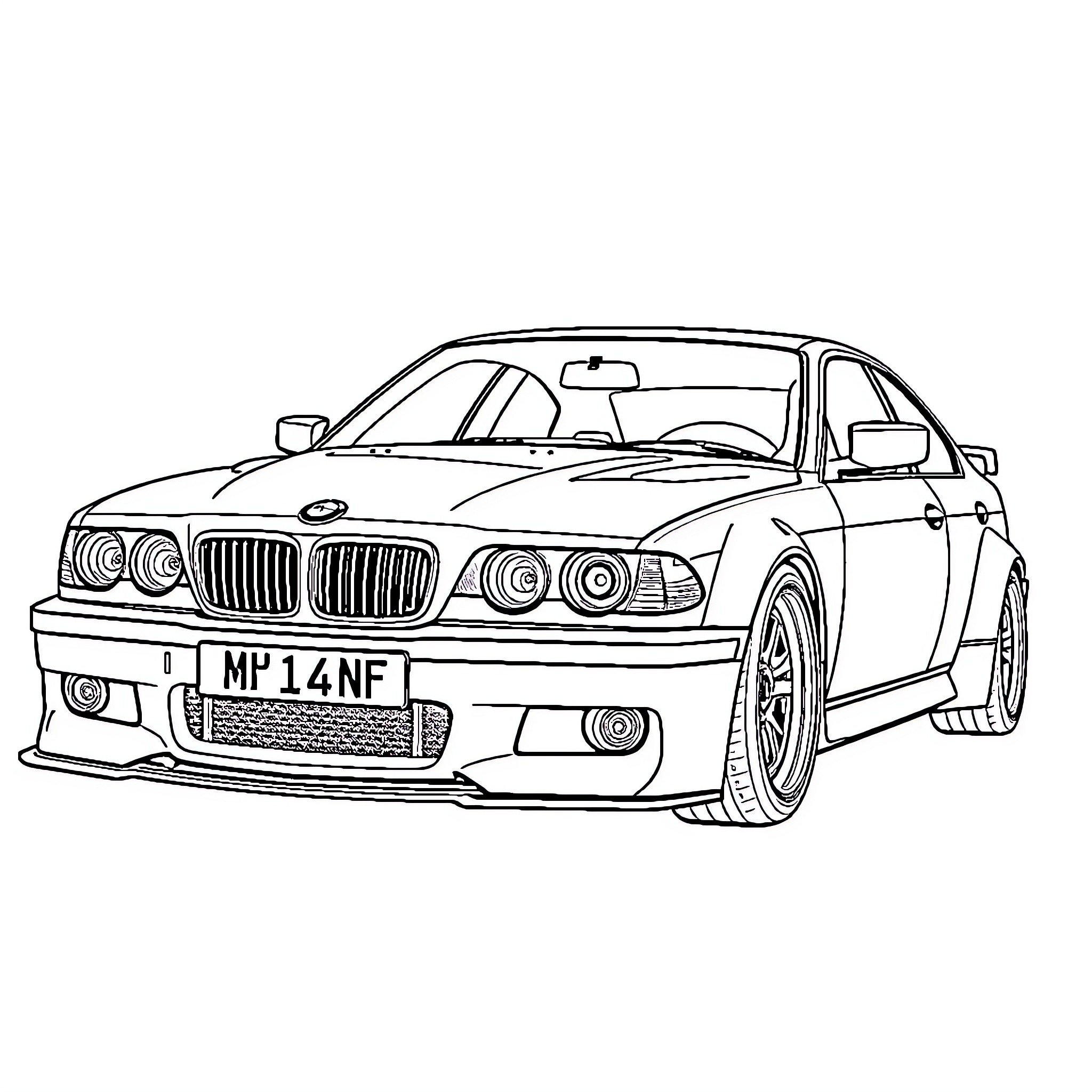 BMW sports car in action Coloring Page (free black-and-white line drawing printable PDF for all, from beginners to advanced learners, including children, teens, adults, and seniors)