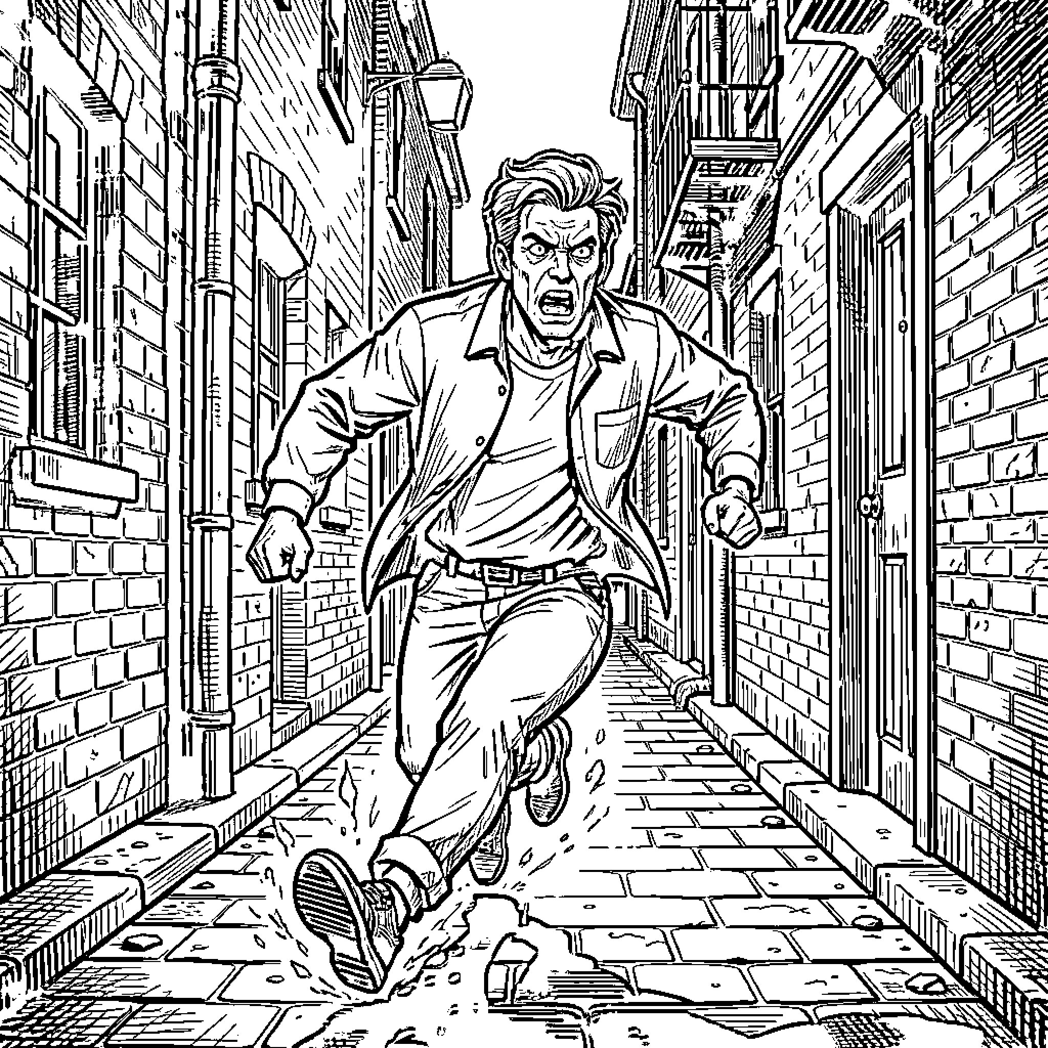Man running frantically down a narrow alleyway Coloring Page (free black-and-white line drawing printable PDF for all, from beginners to advanced learners, including children, teens, adults, and seniors)
