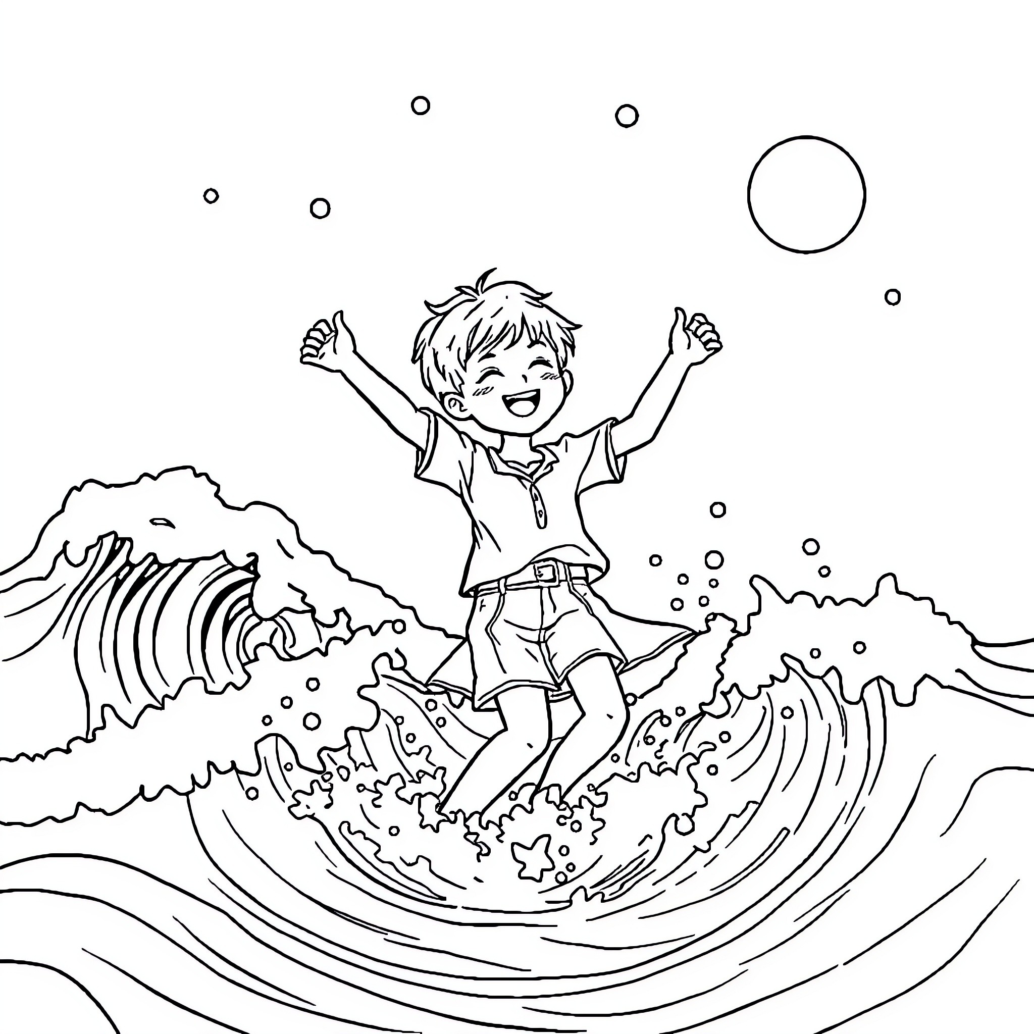 Kpop Idol Joyfully Riding the Waves Coloring Page (free black-and-white line drawing printable PDF for all, from beginners to advanced learners, including children, teens, adults, and seniors)