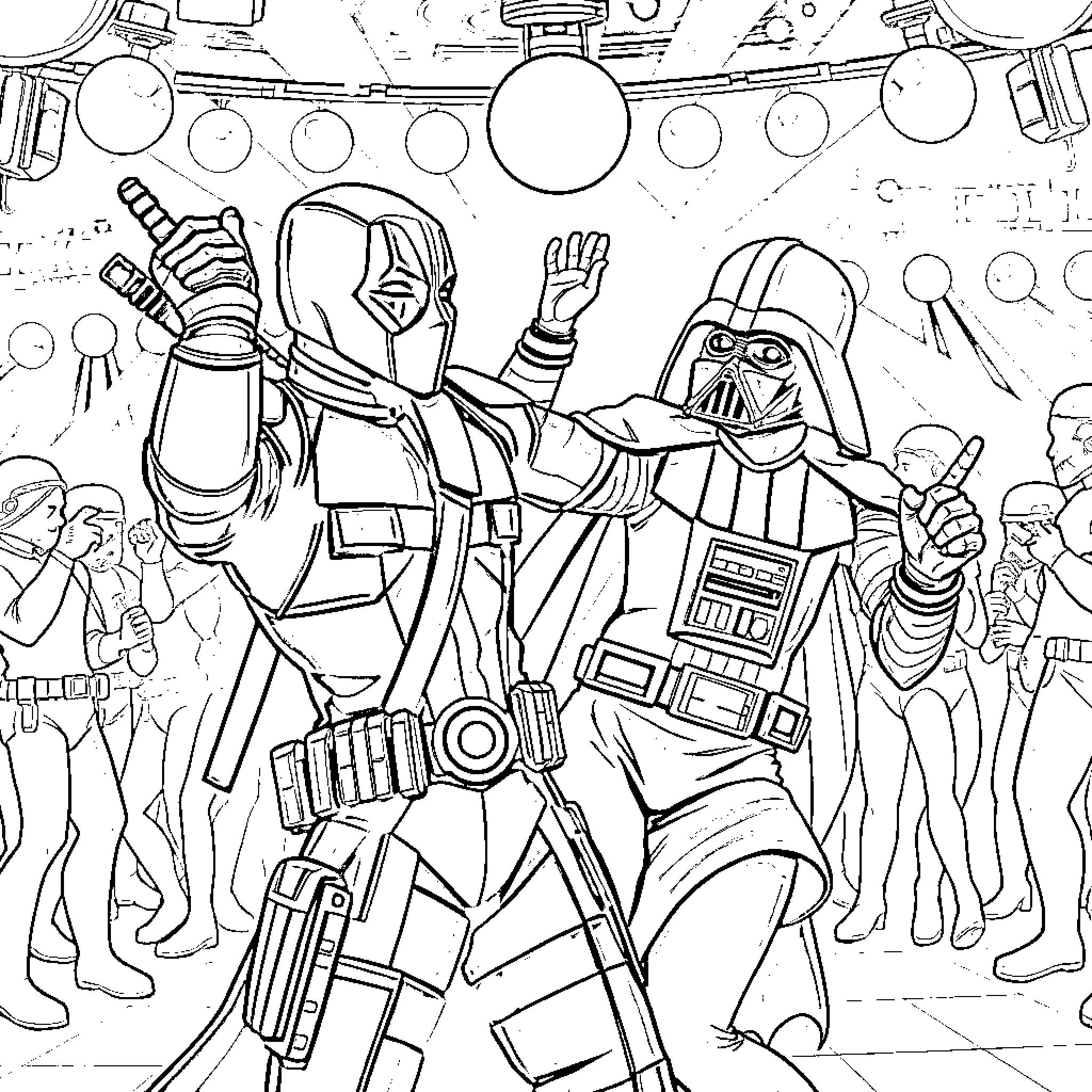 Deadpool and Darth Vader Clash in Intergalactic Showdown Coloring Page (free black-and-white line drawing printable PDF for all, from beginners to advanced learners, including children, teens, adults, and seniors)