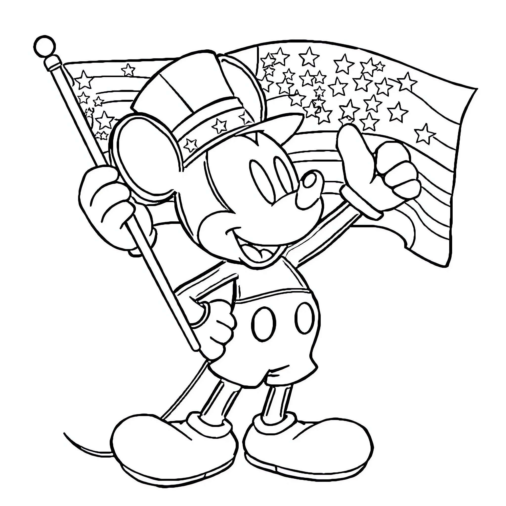 Mickey Mouse holding American flag with stars Coloring Page (free black-and-white line drawing printable PDF for all, from beginners to advanced learners, including children, teens, adults, and seniors)
