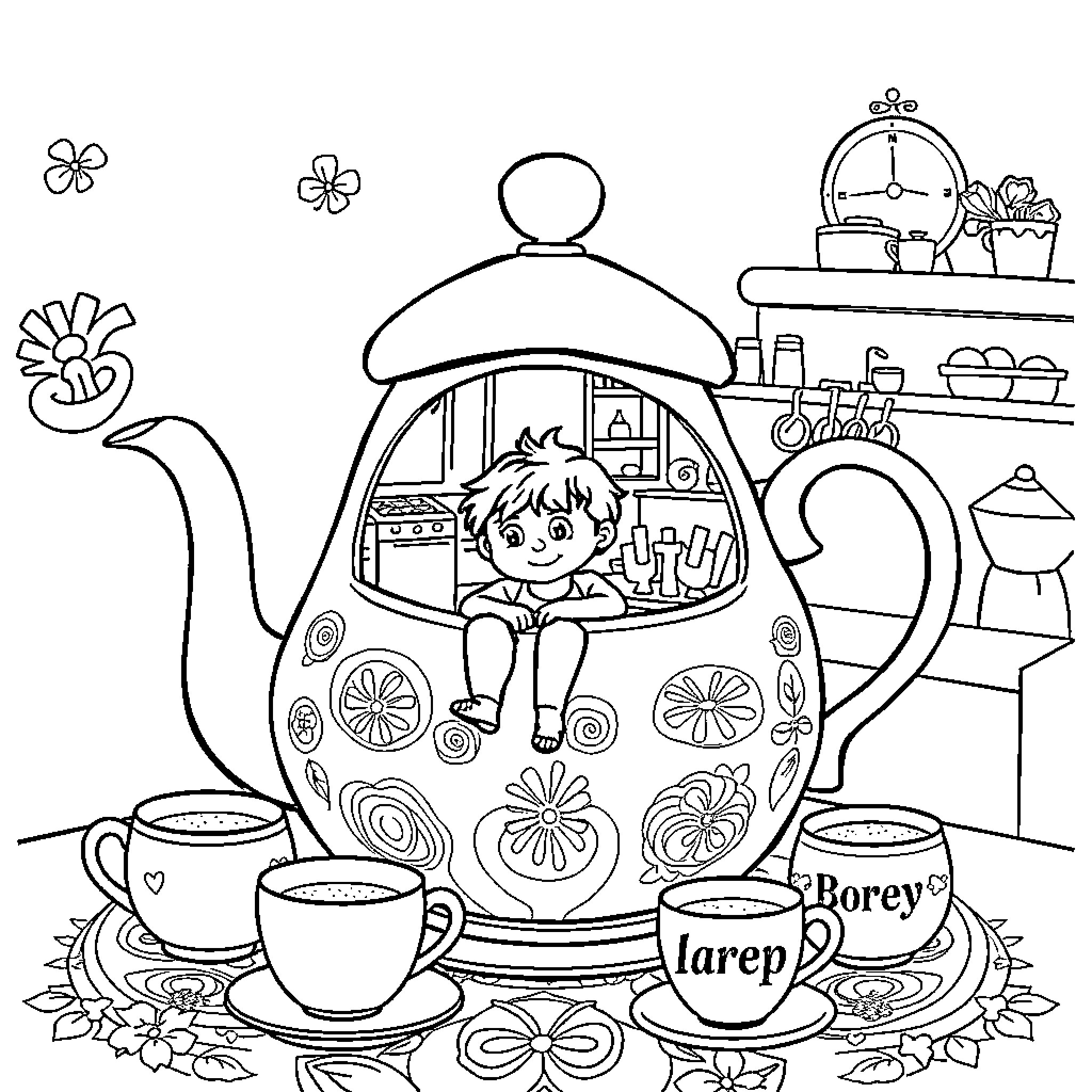 Teapot with a cozy interior scene Coloring Page (free black-and-white line drawing printable PDF for all, from beginners to advanced learners, including children, teens, adults, and seniors)