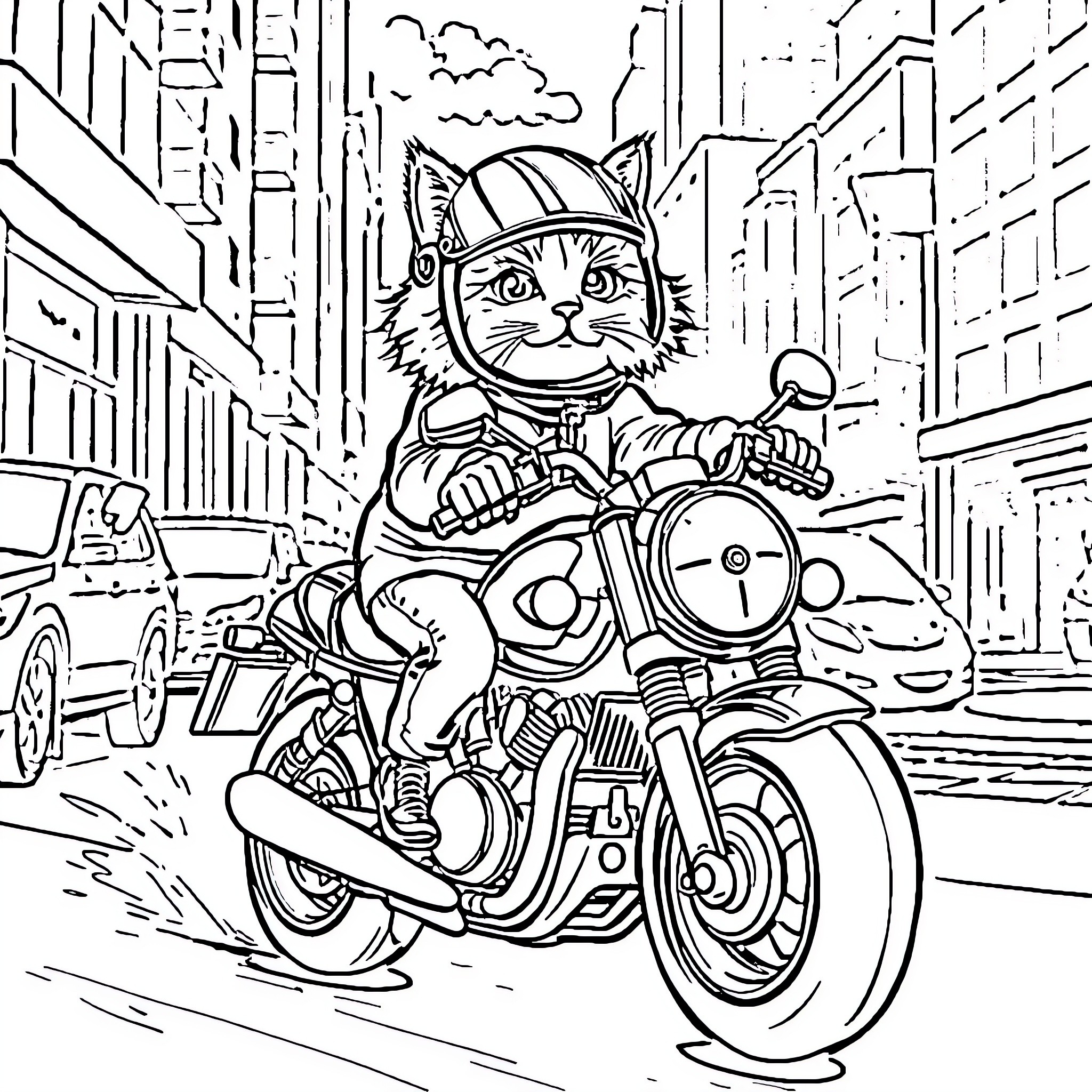 Cat riding motorcycle in city street Coloring Page (free black-and-white line drawing printable PDF for all, from beginners to advanced learners, including children, teens, adults, and seniors)