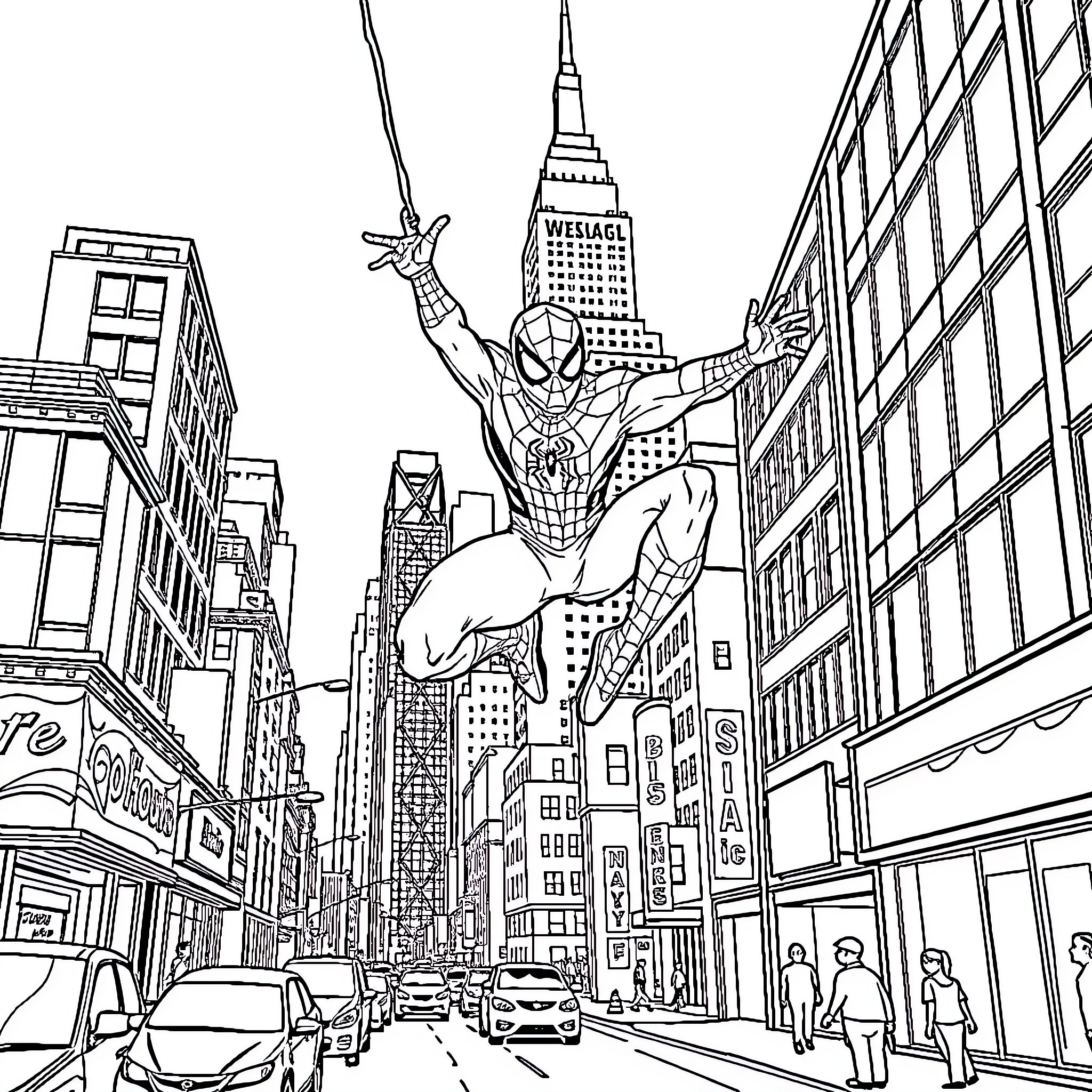 Spiderman swinging through the city skyline Coloring Page (free black-and-white line drawing printable PDF for all, from beginners to advanced learners, including children, teens, adults, and seniors)