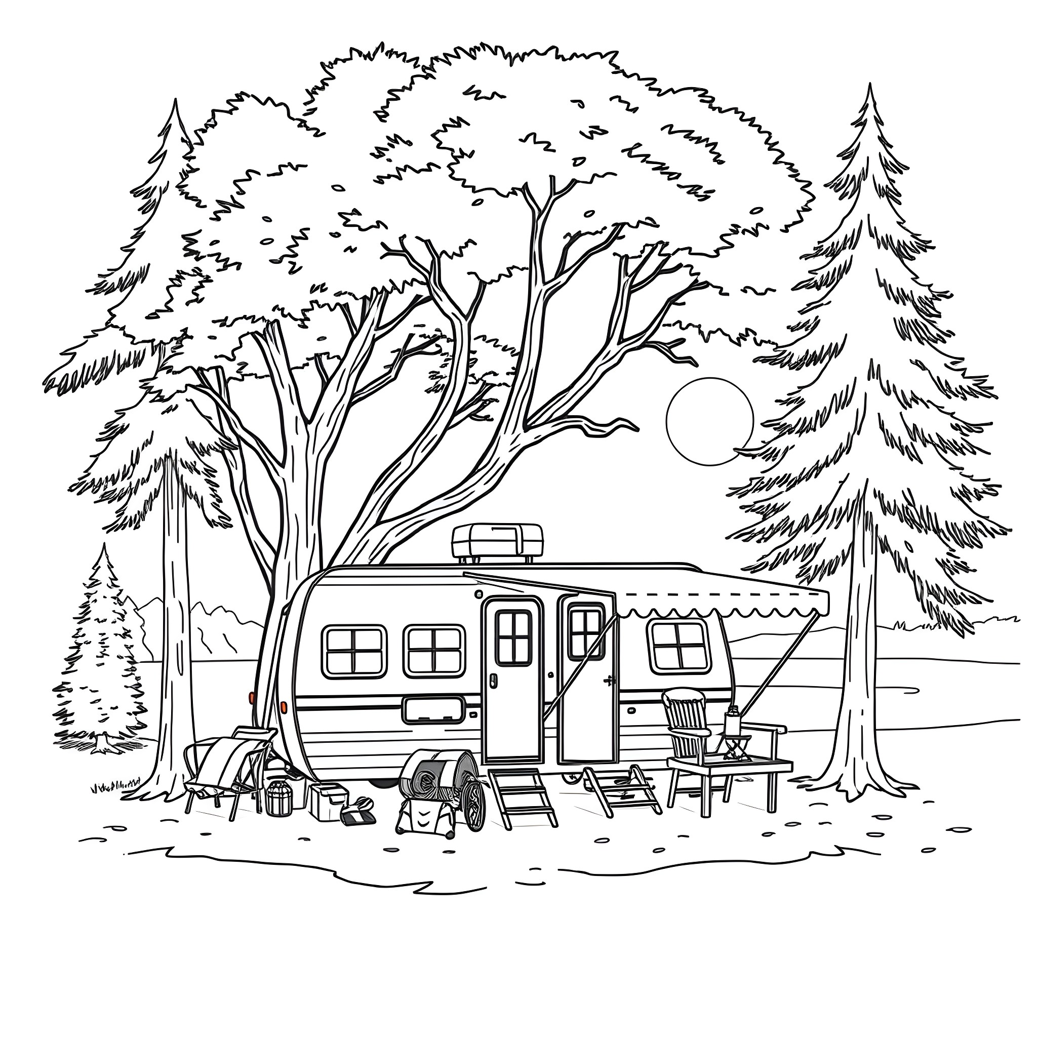 Trailer for camping adventure in the woods Coloring Page (free black-and-white line drawing printable PDF for all, from beginners to advanced learners, including children, teens, adults, and seniors)