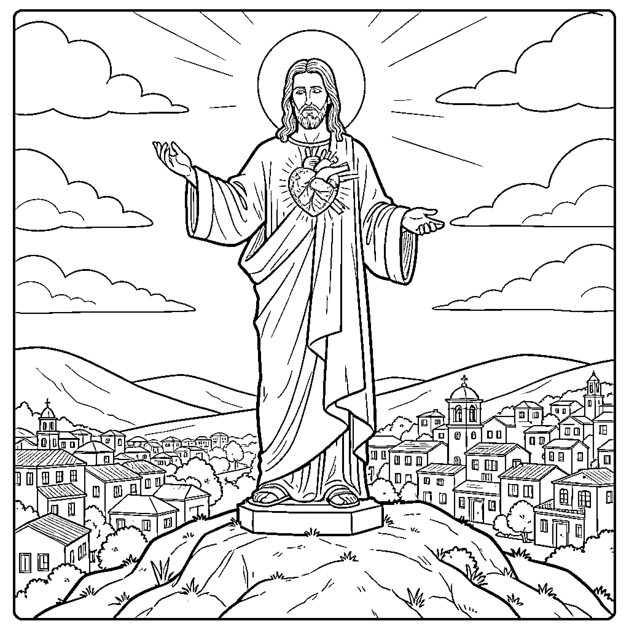 Sacred Heart of Jesus overlooking a city Coloring Page (free black-and-white line drawing printable PDF for all, from beginners to advanced learners, including children, teens, adults, and seniors)