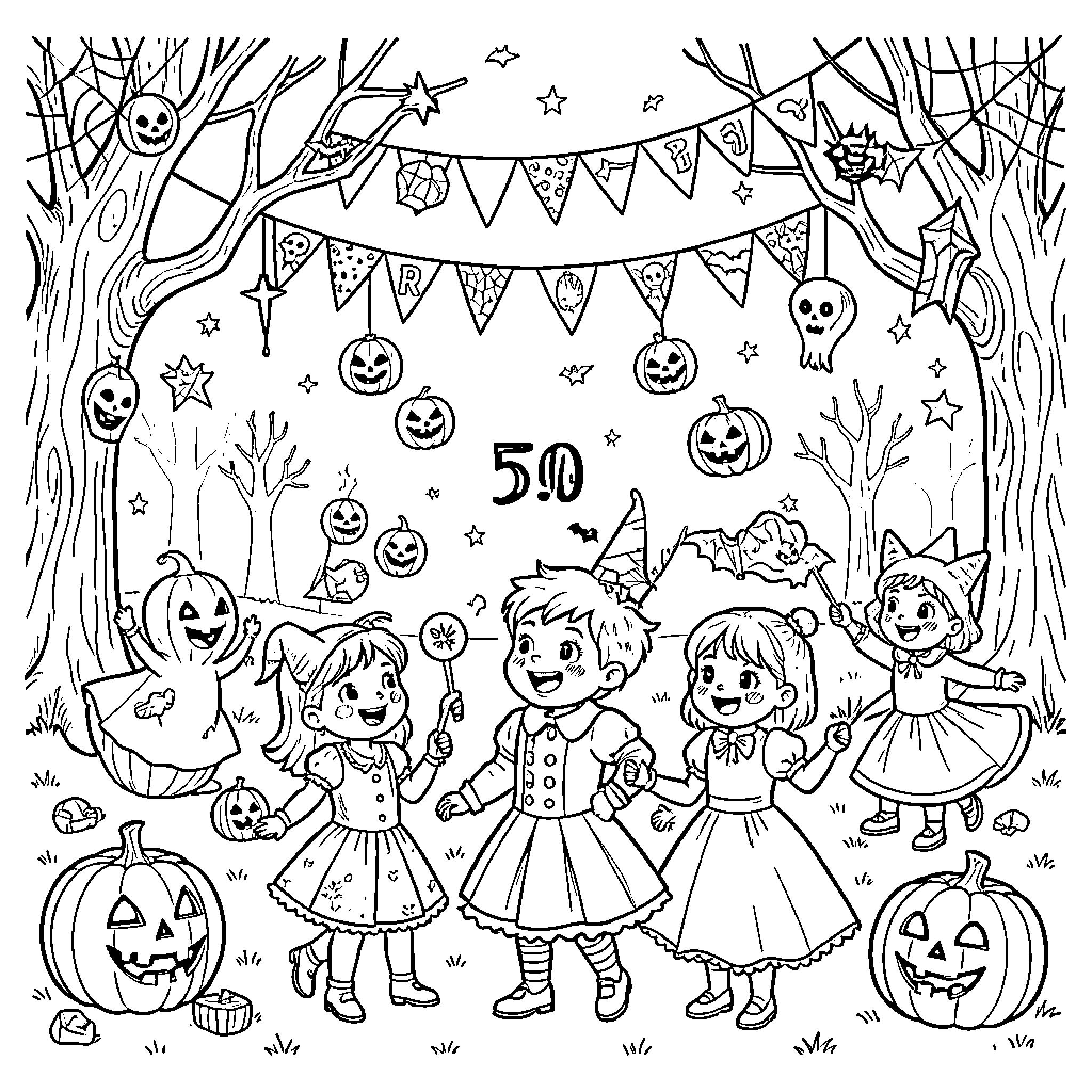 Halloween children celebrating in a spooky festive forest Coloring Page (free black-and-white line drawing printable PDF for all, from beginners to advanced learners, including children, teens, adults, and seniors)