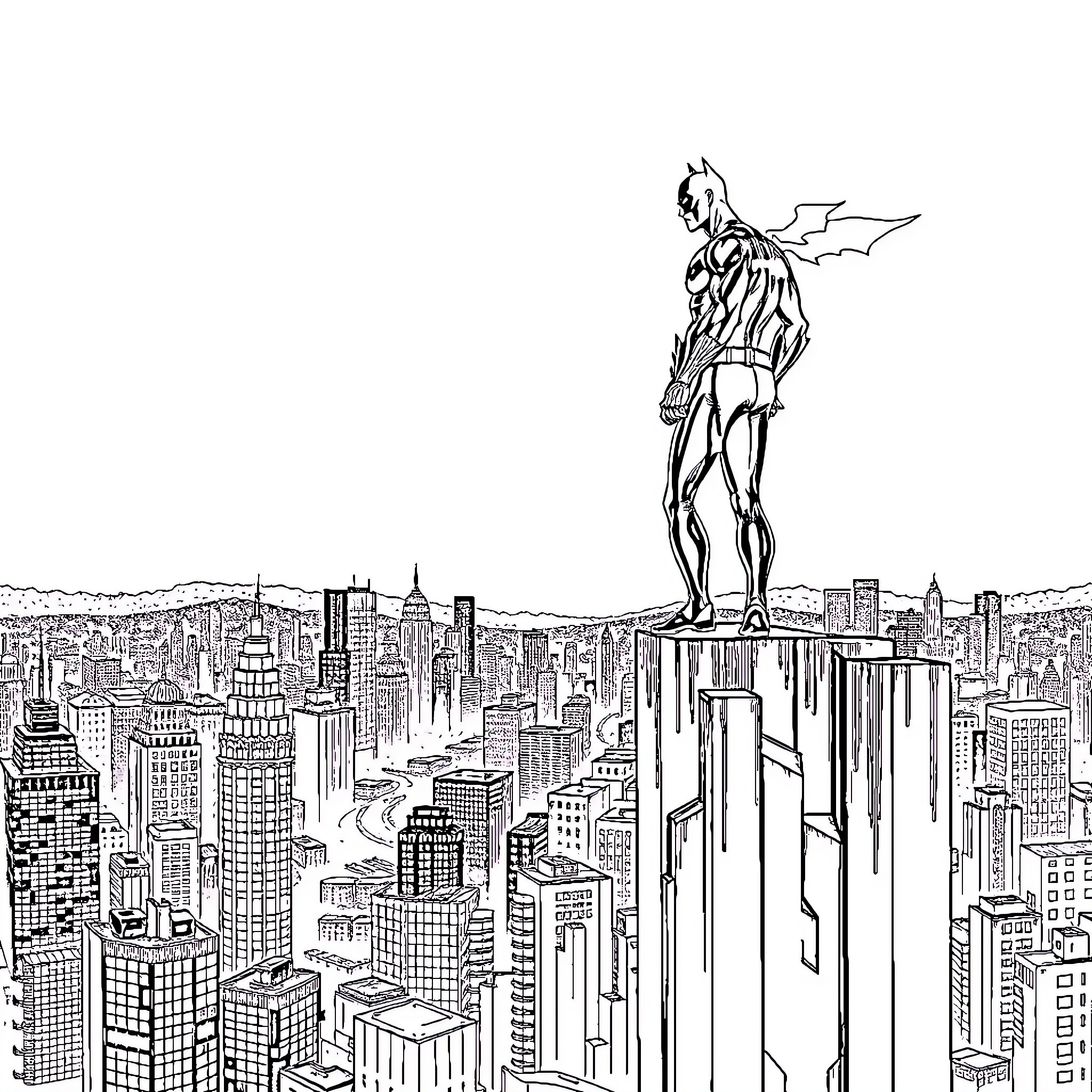 Nightwing surveying the city skyline Coloring Page (free black-and-white line drawing printable PDF for all, from beginners to advanced learners, including children, teens, adults, and seniors)