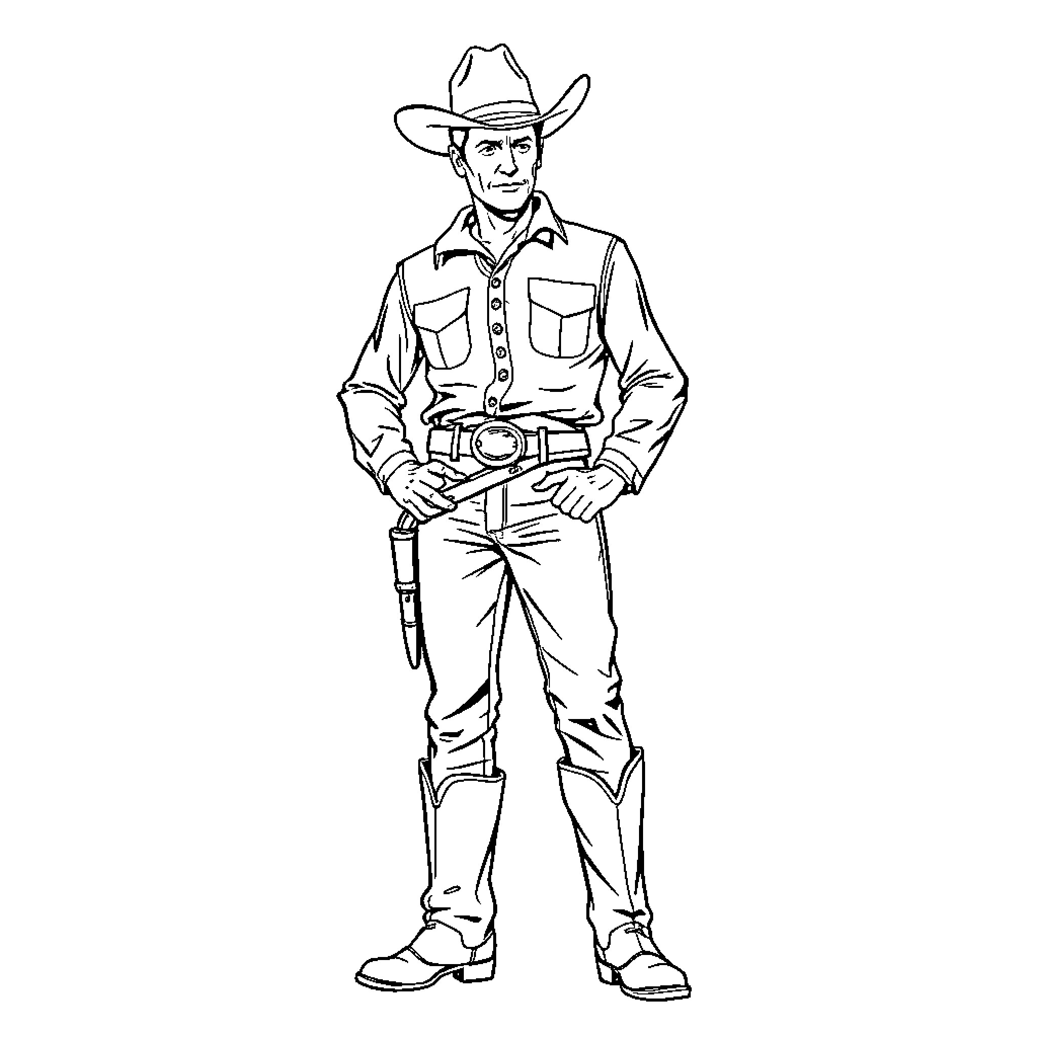 John Wayne as Rugged Cowboy in Action Pose Coloring Page (free black-and-white line drawing printable PDF for all, from beginners to advanced learners, including children, teens, adults, and seniors)
