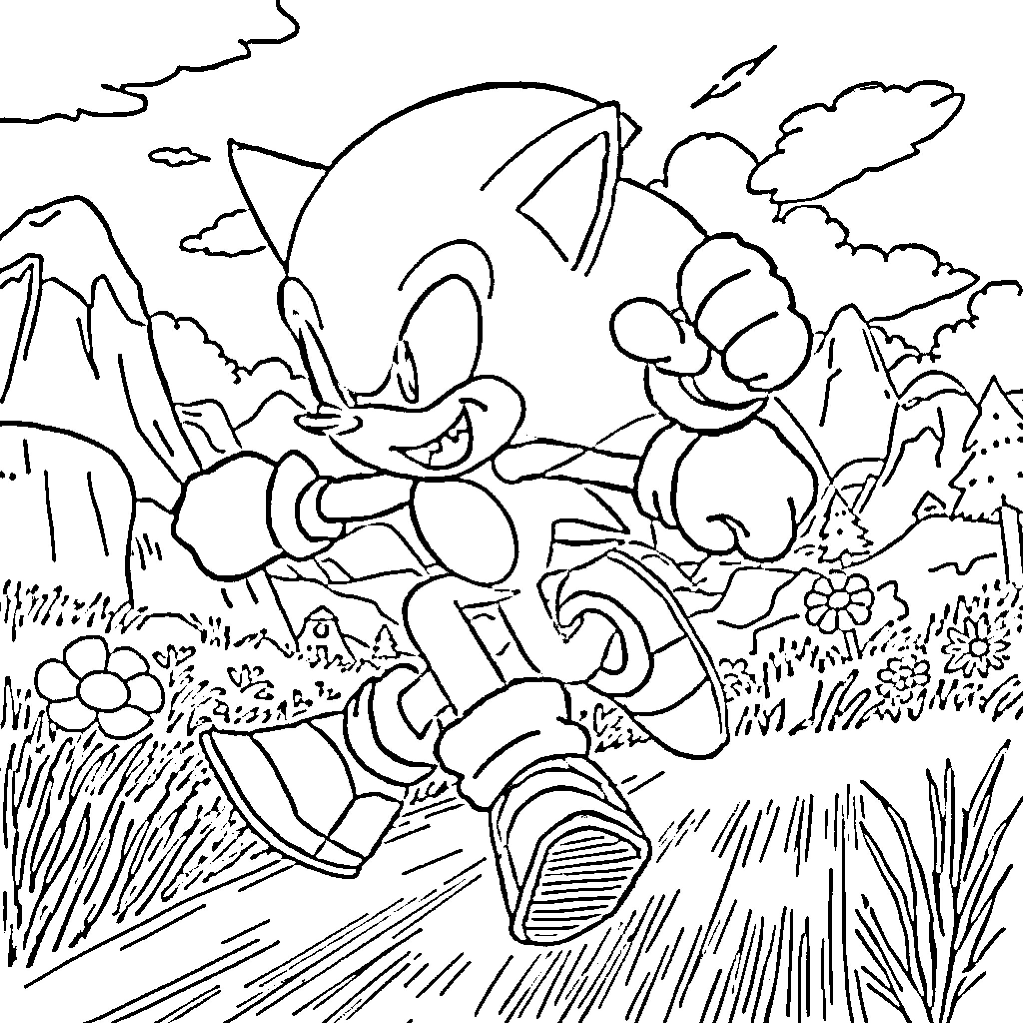 Sonic and friends exploring the lush natural landscape Coloring Page (free black-and-white line drawing printable PDF for all, from beginners to advanced learners, including children, teens, adults, and seniors)