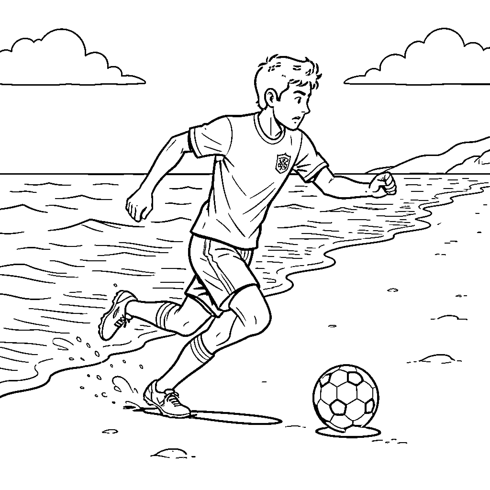 Football Player dribbling a ball on the beach Coloring Page (free black-and-white line drawing printable PDF for all, from beginners to advanced learners, including children, teens, adults, and seniors)