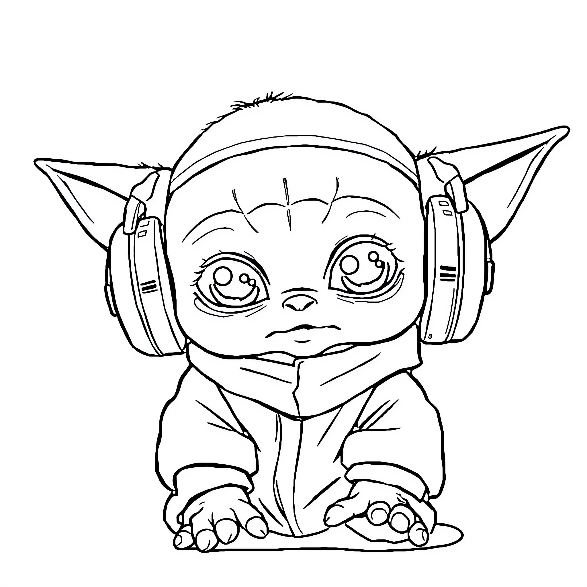 Baby Yoda listening with headphones Coloring Page (free black-and-white line drawing printable PDF for all, from beginners to advanced learners, including children, teens, adults, and seniors)