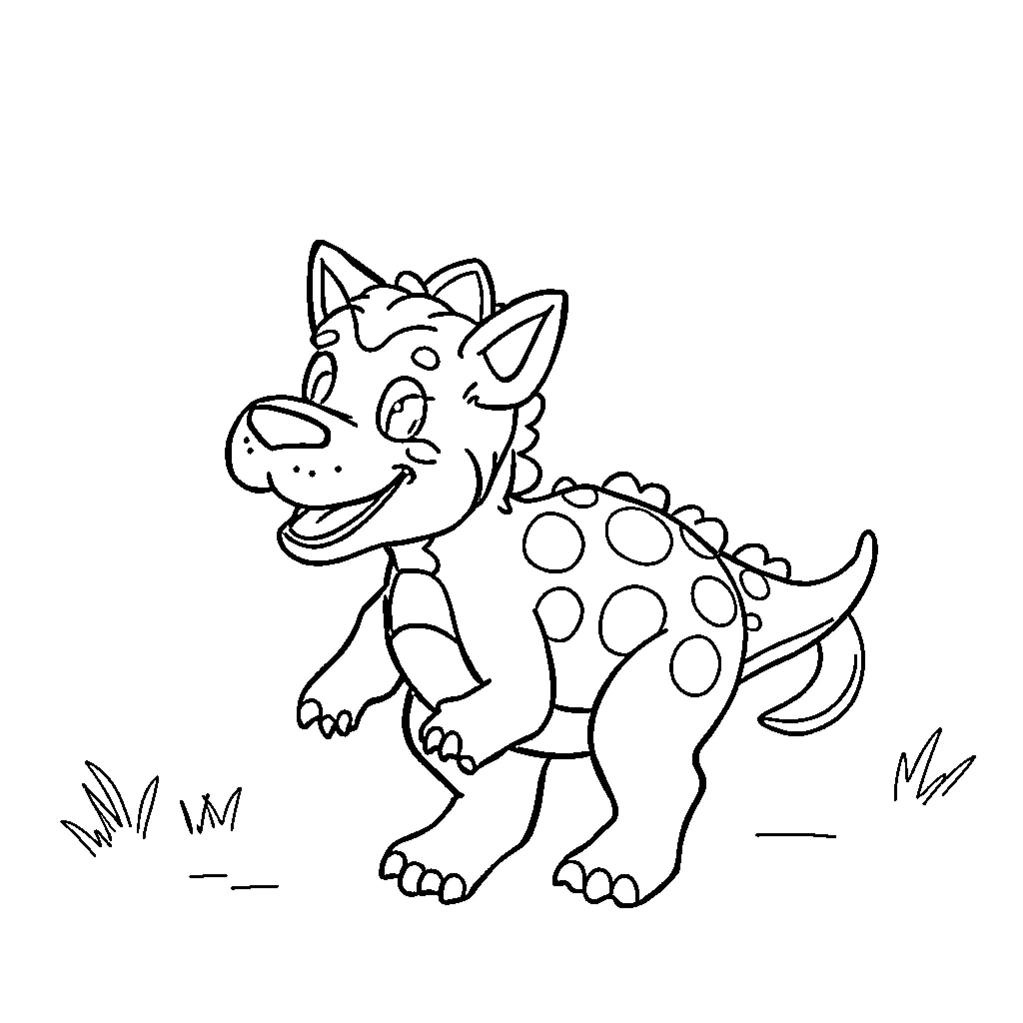 Dinodog happily exploring the outdoors Coloring Page (free black-and-white line drawing printable PDF for all, from beginners to advanced learners, including children, teens, adults, and seniors)