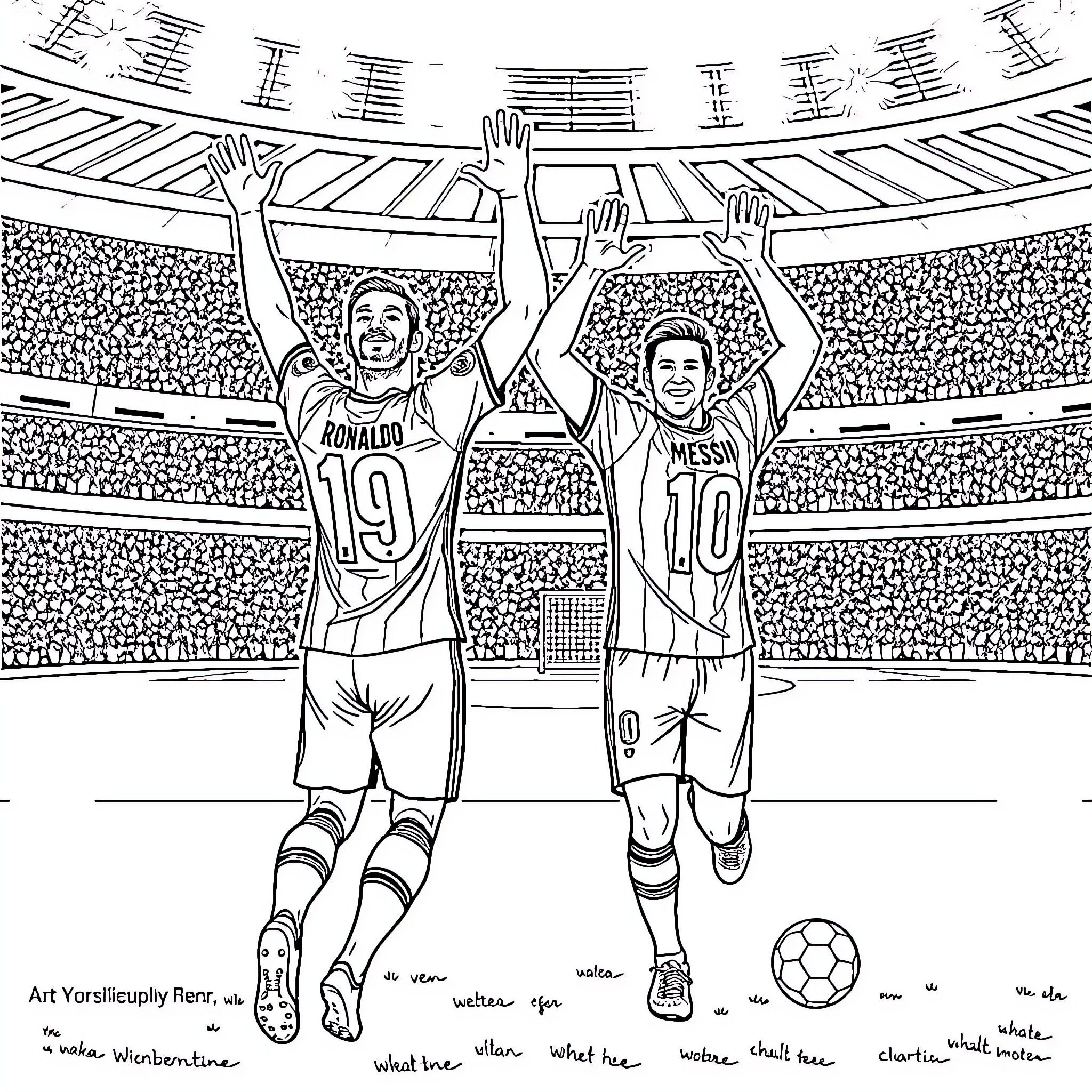 Ronaldo and Messi Celebrate Victory in Stadium Coloring Page (free black-and-white line drawing printable PDF for all, from beginners to advanced learners, including children, teens, adults, and seniors)