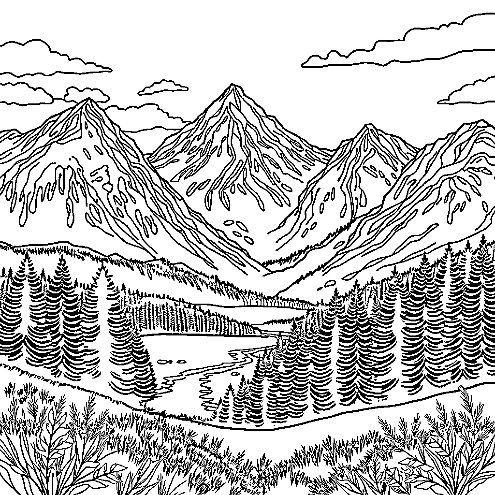 Image of a majestic mountain landscape with flowing river Coloring Page (free black-and-white line drawing printable PDF for all, from beginners to advanced learners, including children, teens, adults, and seniors)