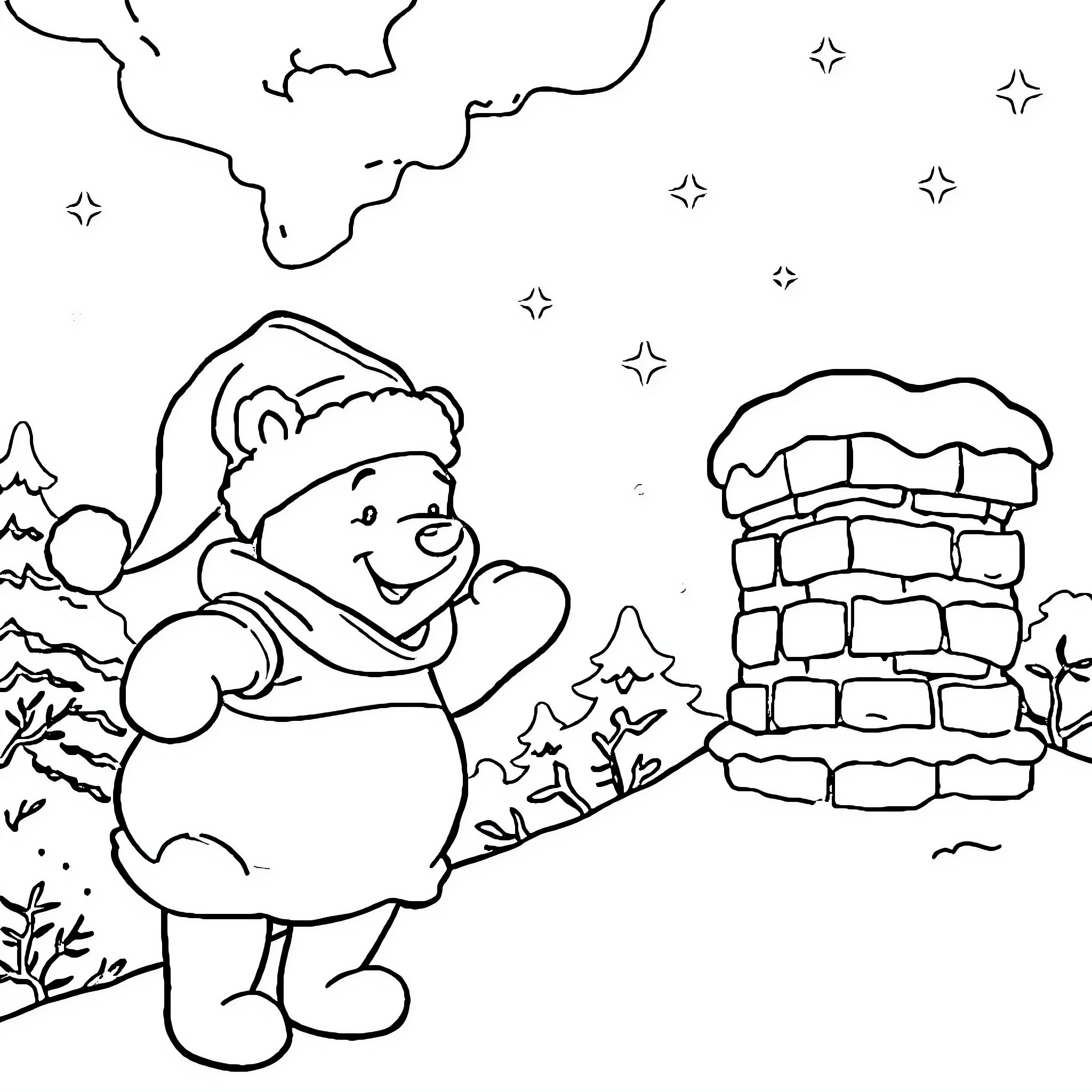 Winnie The Pooh's Festive Winter Adventure Coloring Page (free black-and-white line drawing printable PDF for all, from beginners to advanced learners, including children, teens, adults, and seniors)