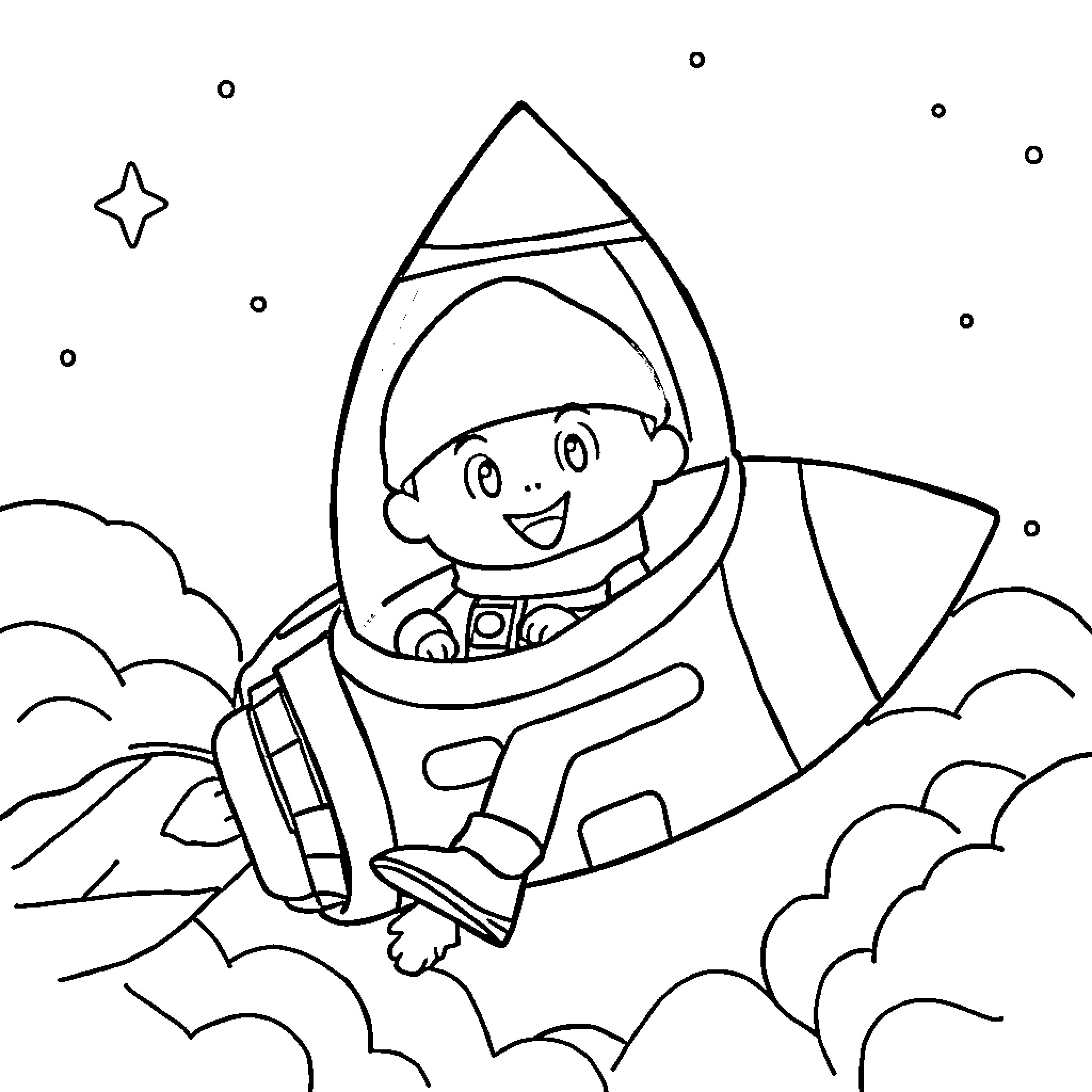 Blippi exploring space in a rocket Coloring Page (free black-and-white line drawing printable PDF for all, from beginners to advanced learners, including children, teens, adults, and seniors)